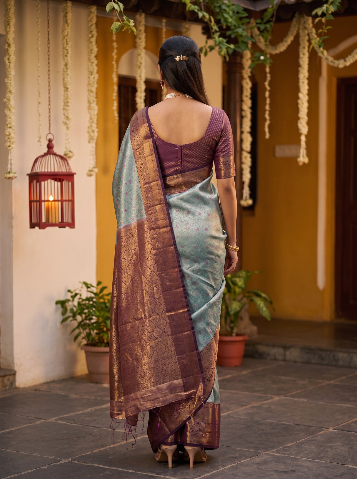 MIMOSA Sapphire Kanjivaram Art Silk Saree — pose 2 styling detail