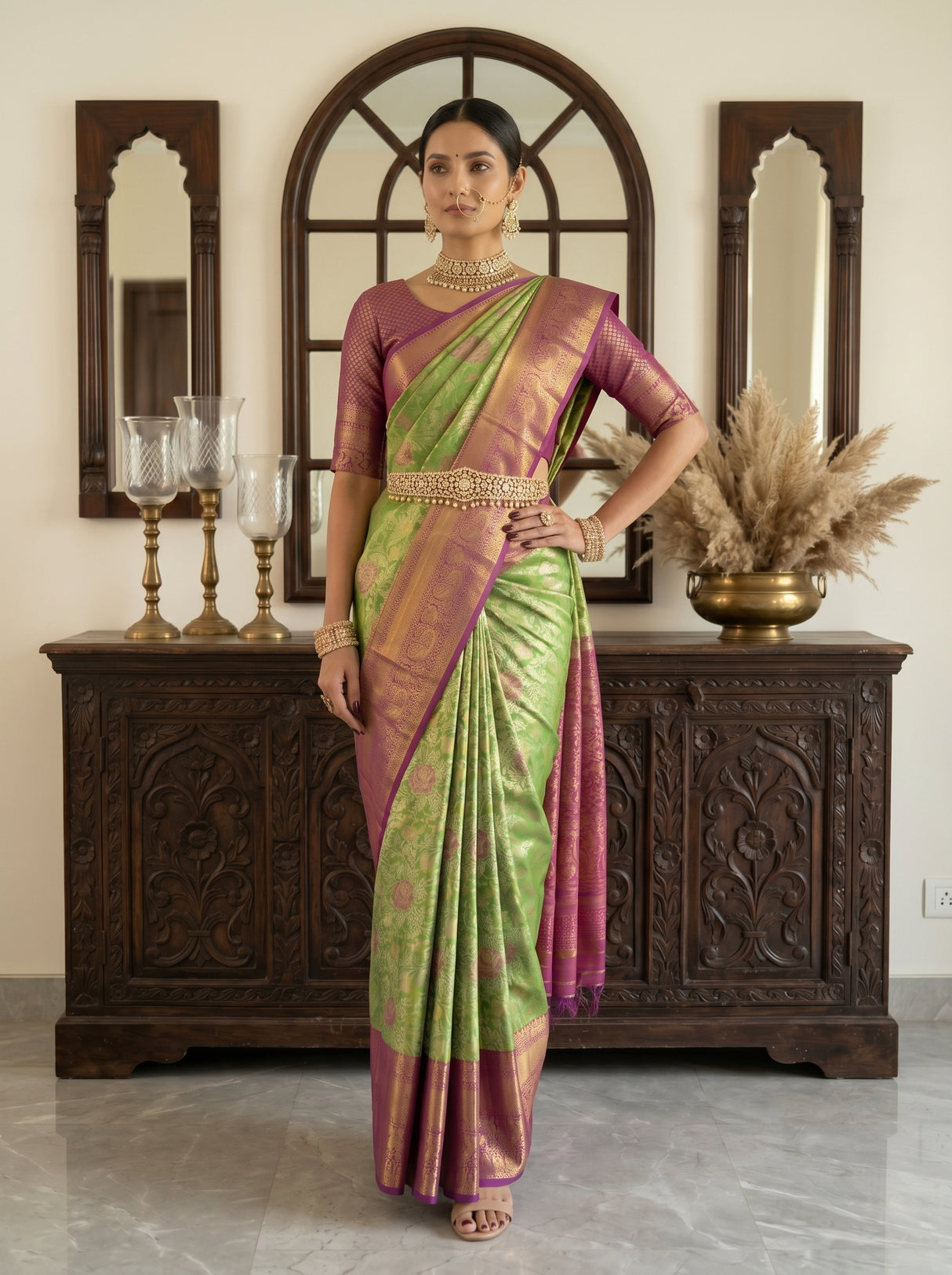 MIMOSA Green Kanjivaram Art Silk Saree — background detail