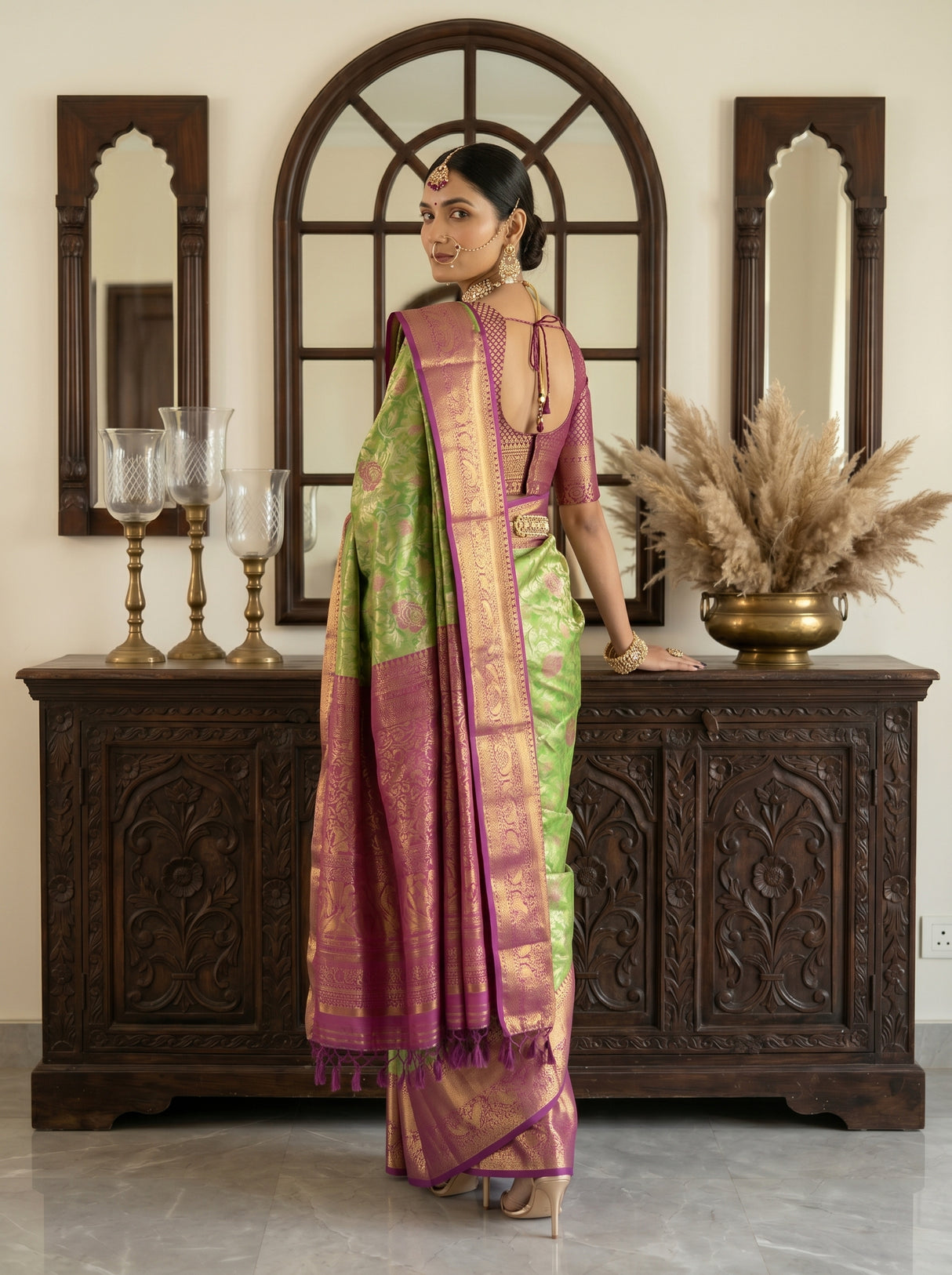 MIMOSA Green Kanjivaram Art Silk Saree — cabinet close-up
