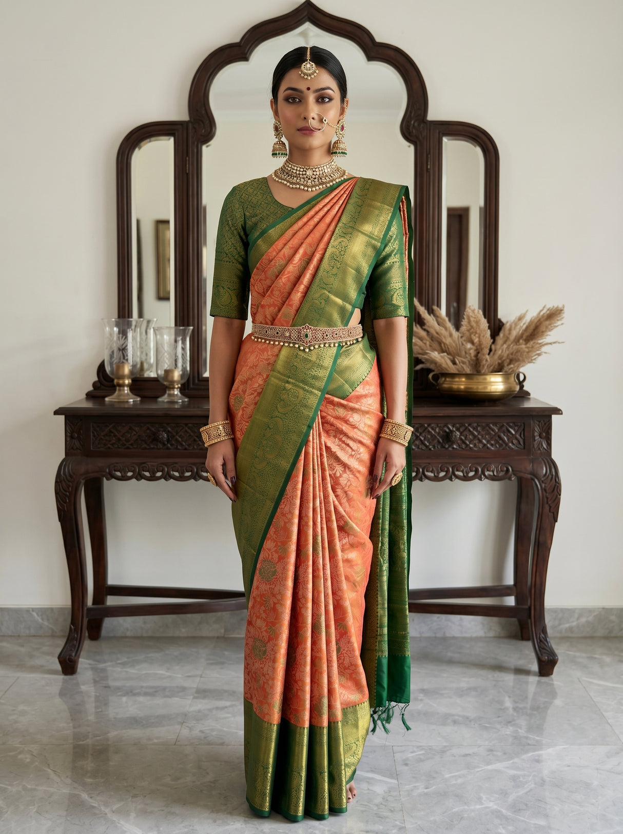 MIMOSA Orange Kanjivaram Art Silk Saree — model lifestyle pose