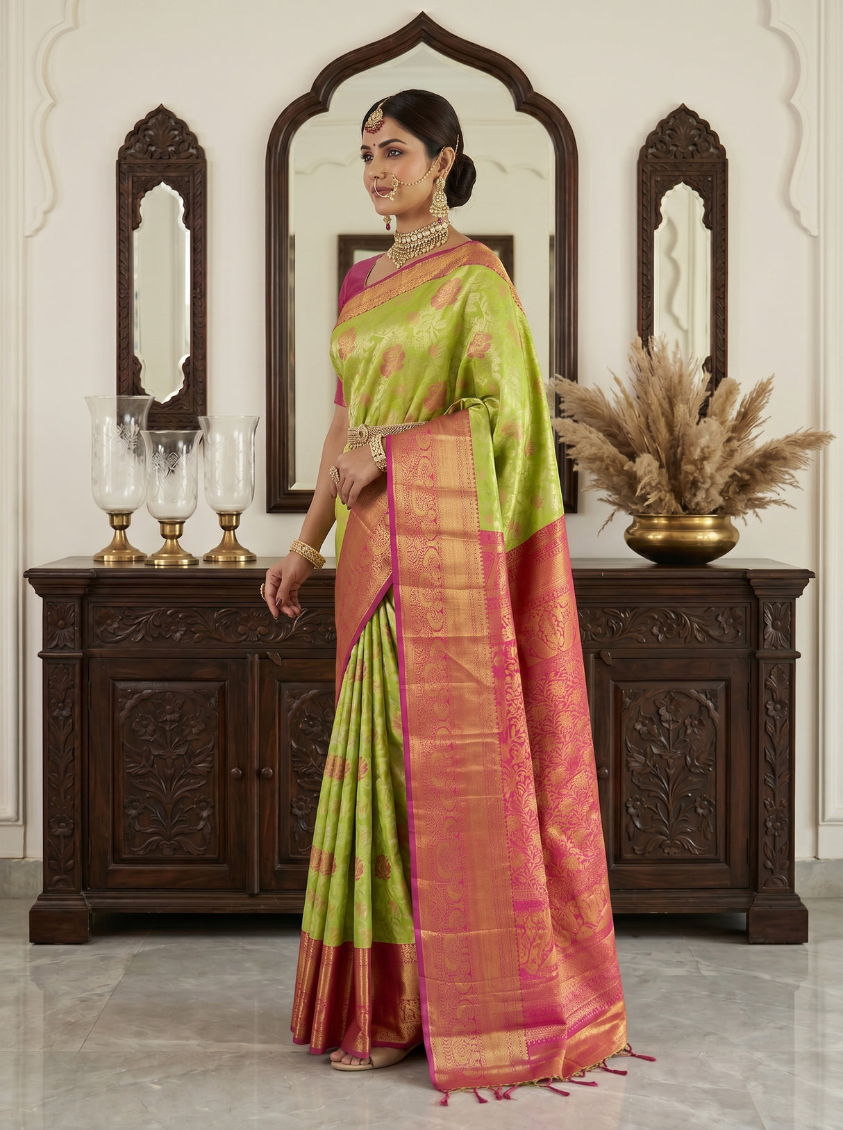 MIMOSA Parrot Green Kanjivaram Art Silk Saree — model close-up