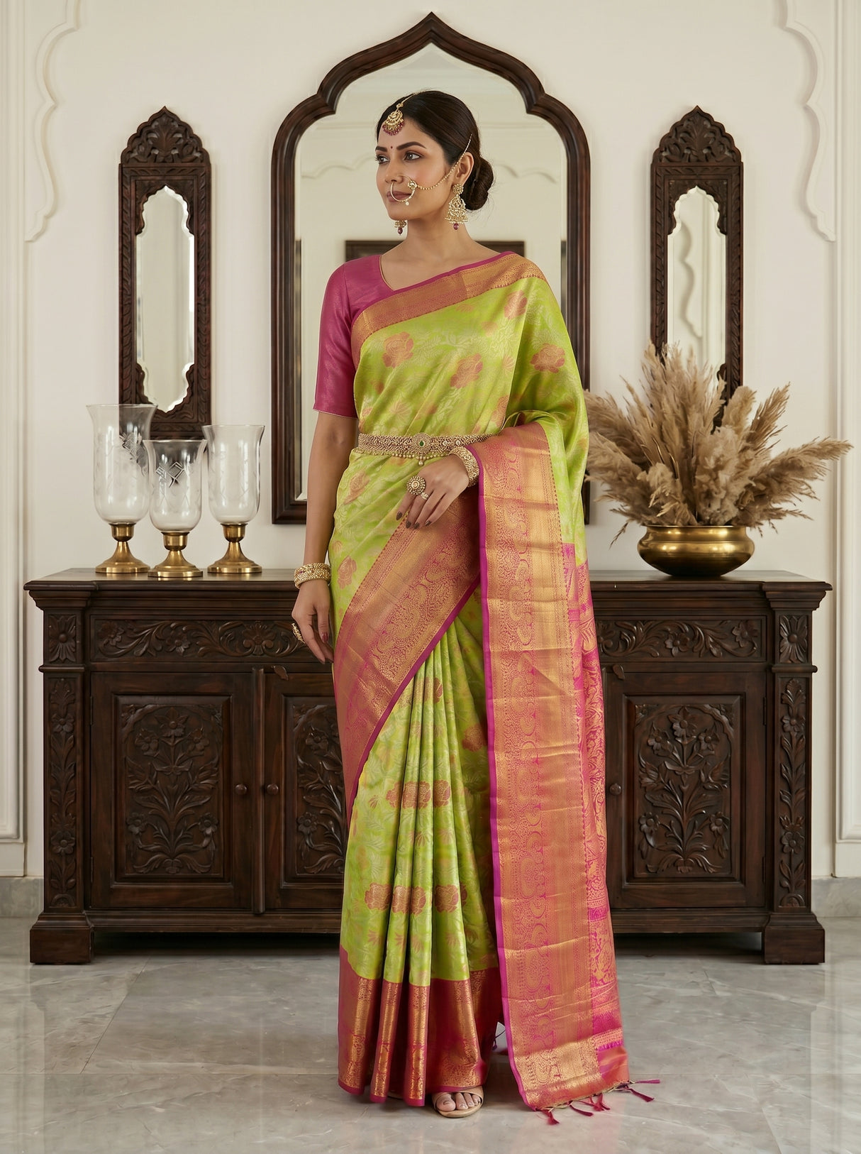 MIMOSA Parrot Green Kanjivaram Art Silk Saree — torso close-up