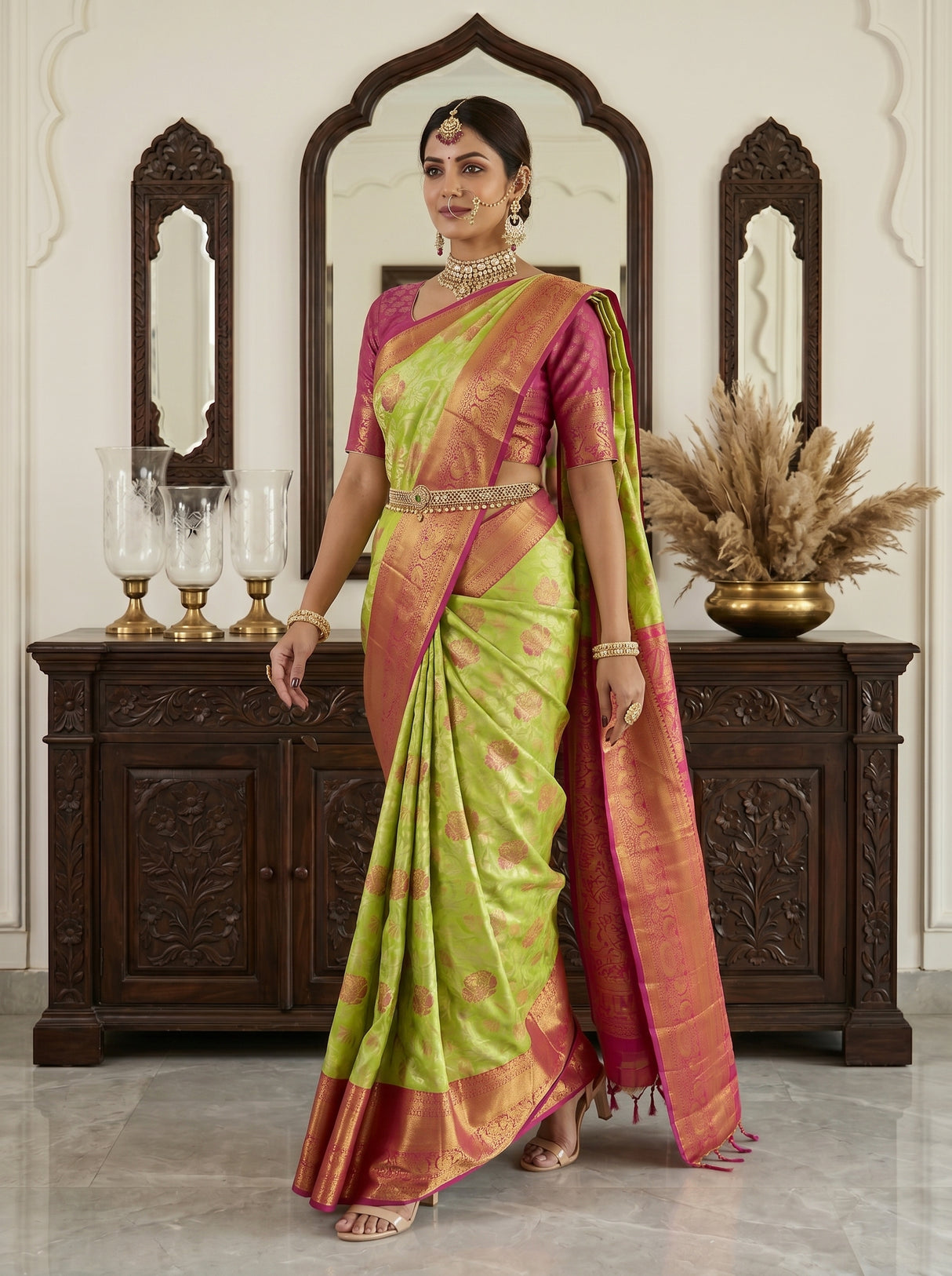 MIMOSA Parrot Green Kanjivaram Art Silk Saree — background detail