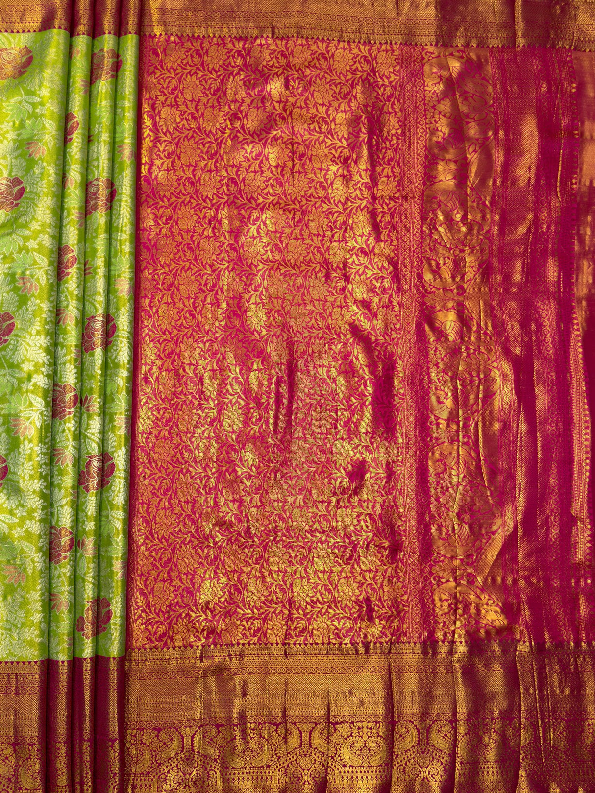 MIMOSA Parrot Green Kanjivaram Art Silk Saree — floor and drape detail