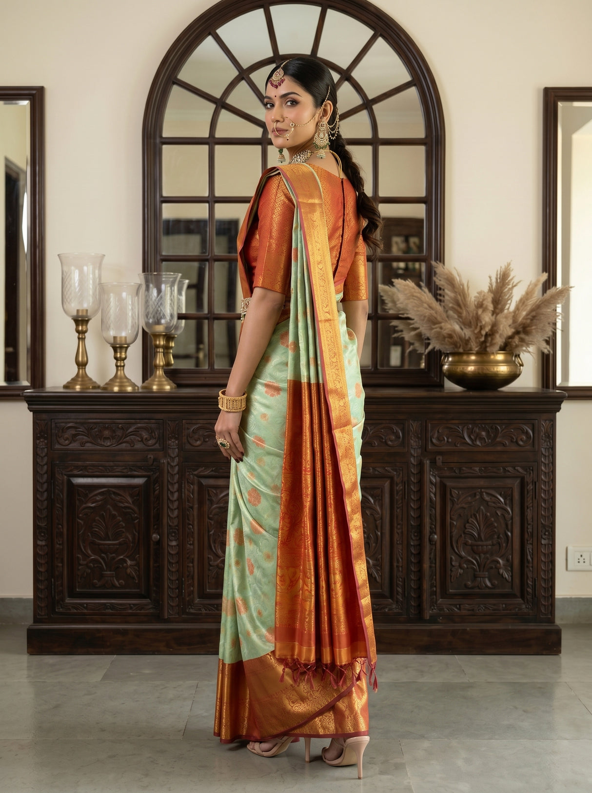 MIMOSA Pista Kanjivaram Art Silk Saree — cabinet close-up
