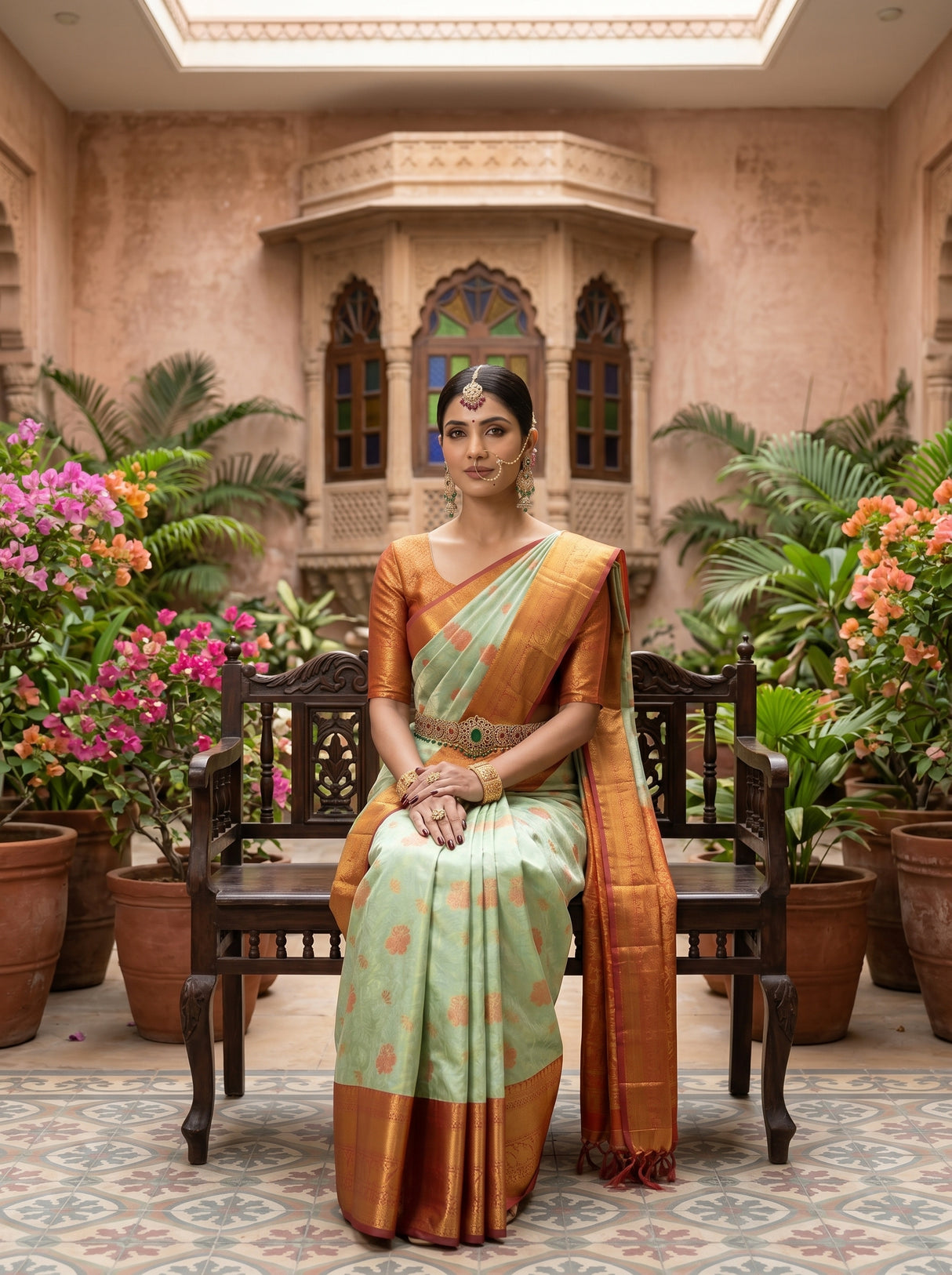 MIMOSA Pista Kanjivaram Art Silk Saree — hands and drape close-up