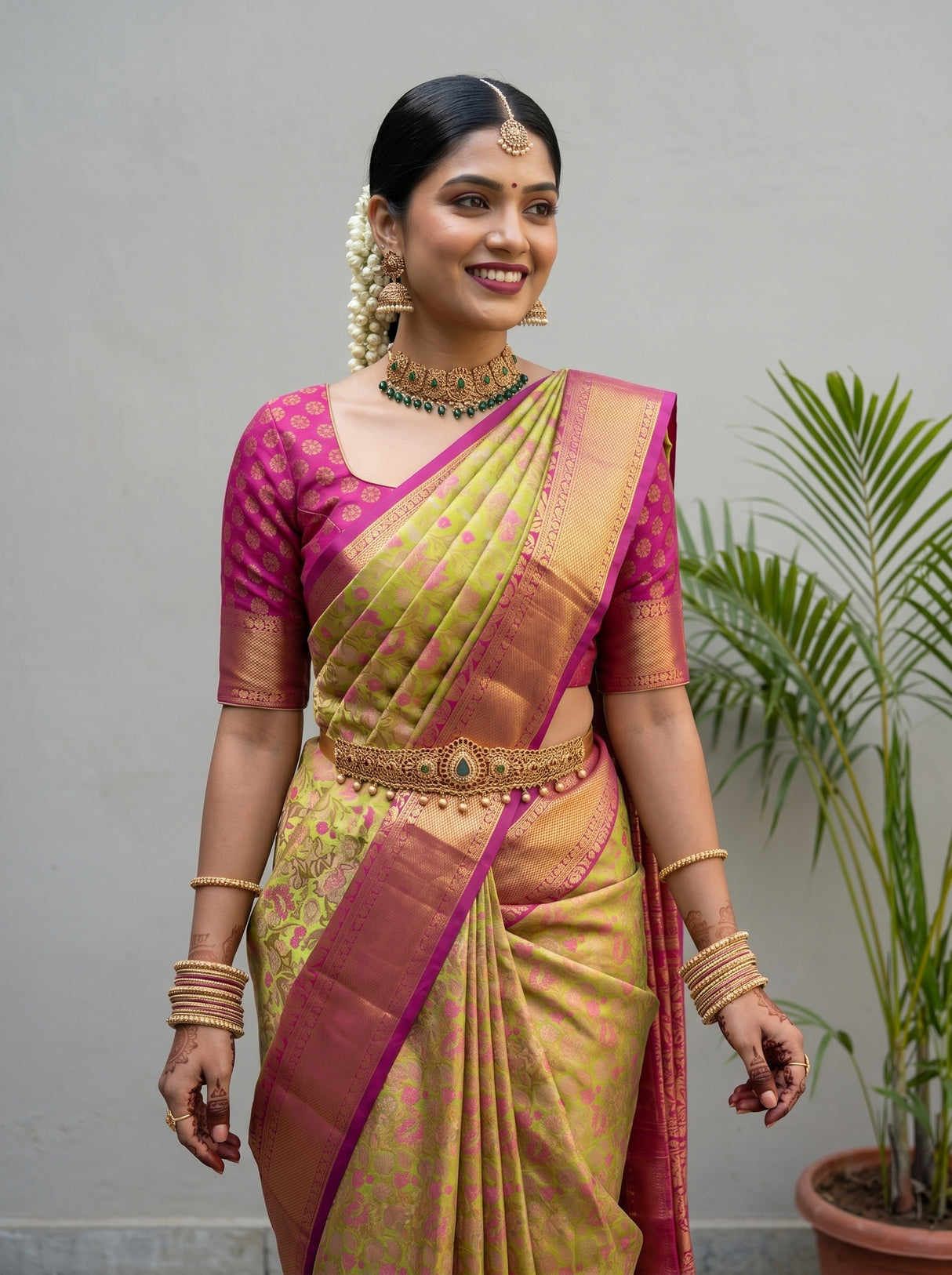MIMOSA Parrot Green Saree Saree — pose 10 styling detail