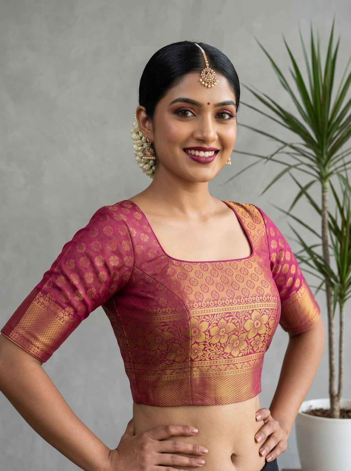 MIMOSA Parrot Green Saree Saree — blouse close-up