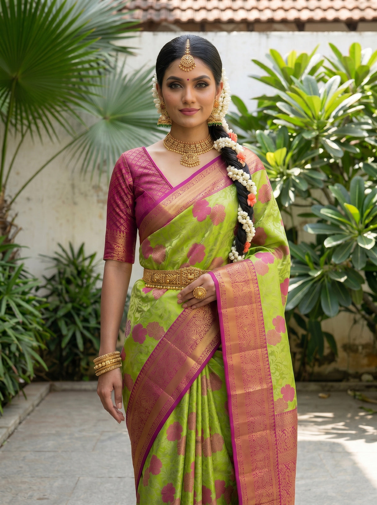 MIMOSA Parrot Green Saree Saree — pose 10 styling detail