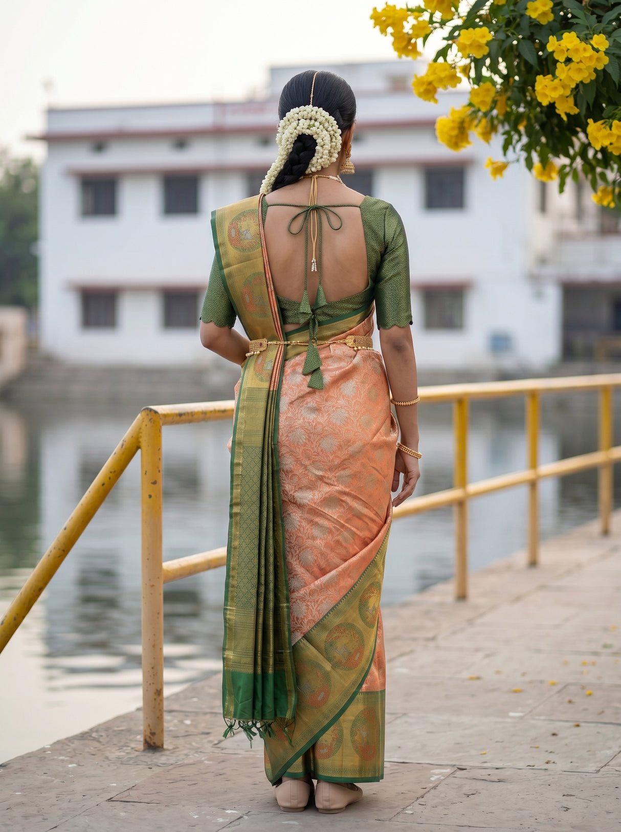 MIMOSA Orange Kanjivaram Art Silk Saree — close-up of model's face and jewelry