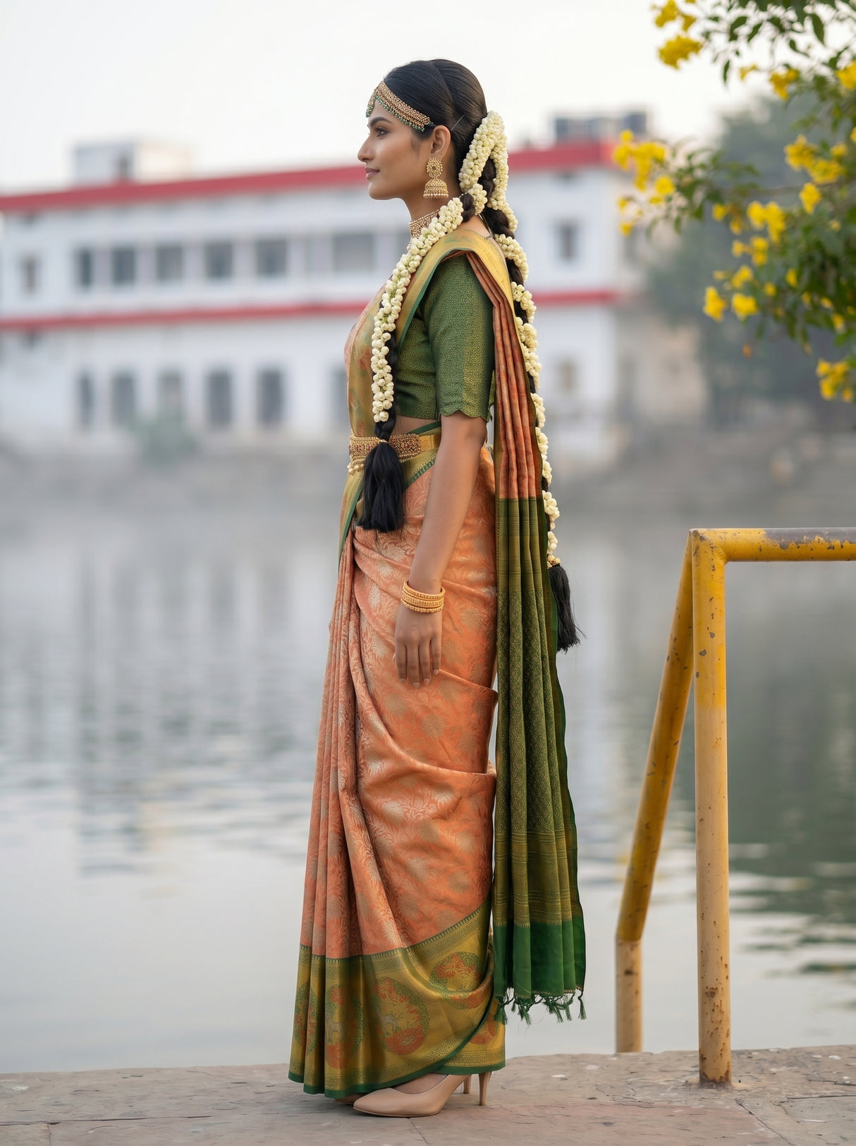 MIMOSA Orange Kanjivaram Art Silk Saree — close-up of model's shoulder and hair
