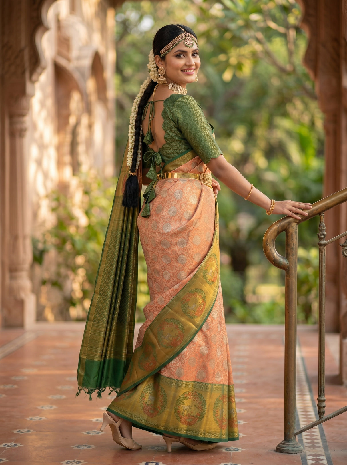 MIMOSA Orange Kanjivaram Art Silk Saree — close-up of saree border and railing