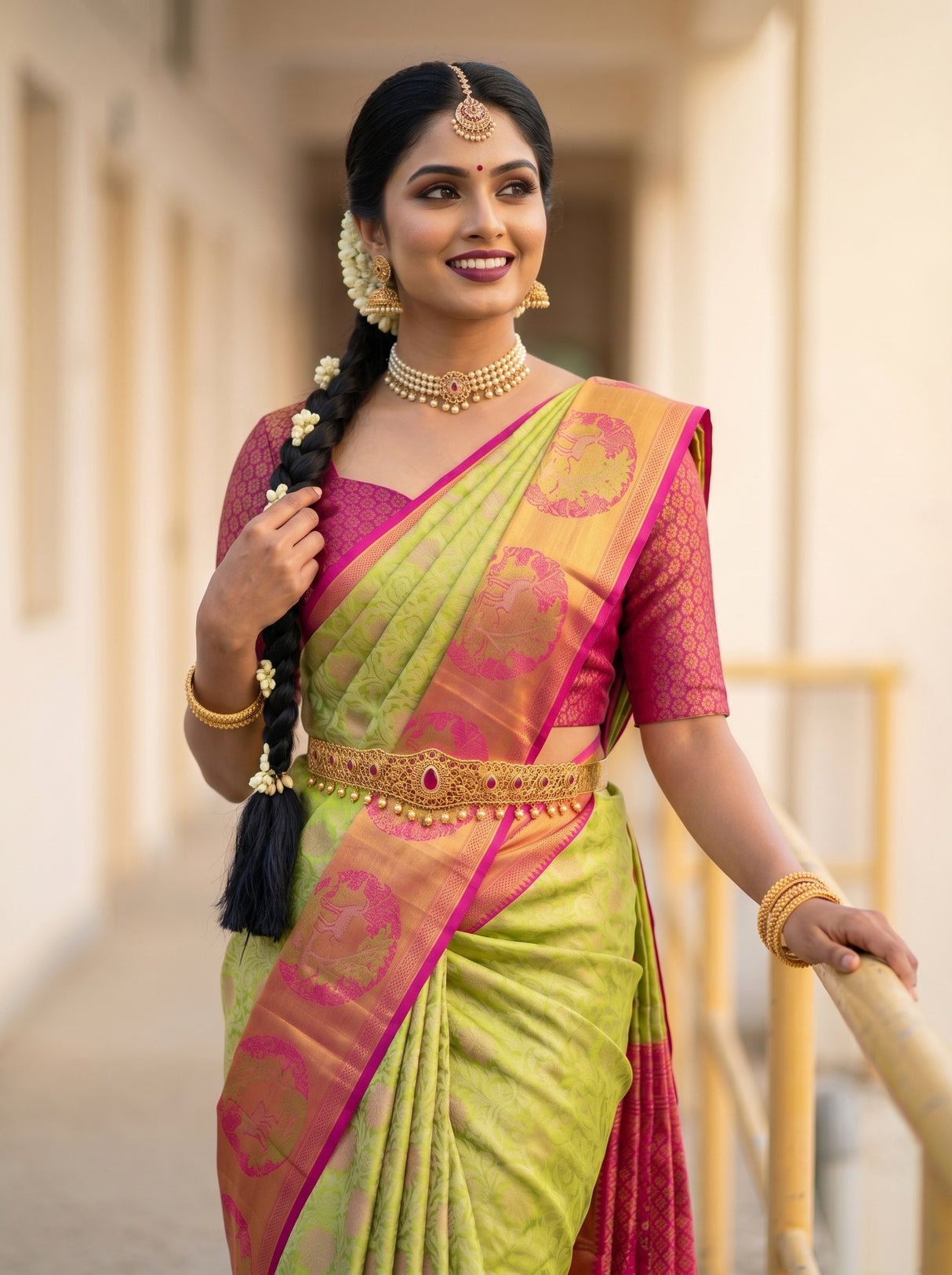 MIMOSA Parrot Green Kanjivaram Art Silk Saree — close-up of saree hem