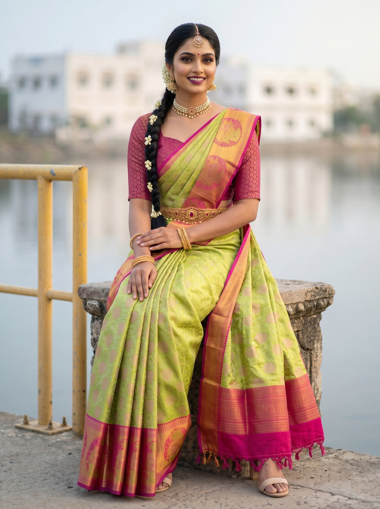 MIMOSA Parrot Green Kanjivaram Art Silk Saree — close-up of saree pleats
