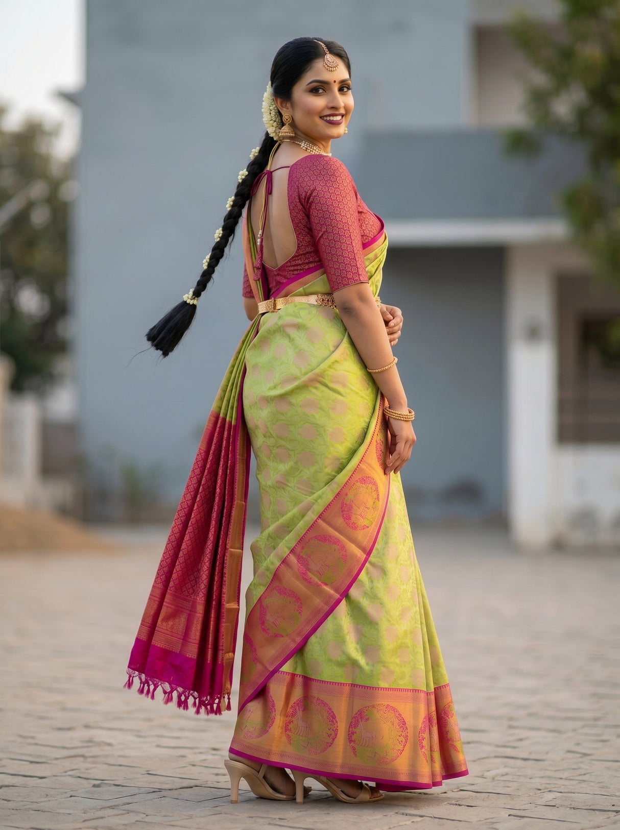 MIMOSA Parrot Green Kanjivaram Art Silk Saree — close-up of saree border and railing