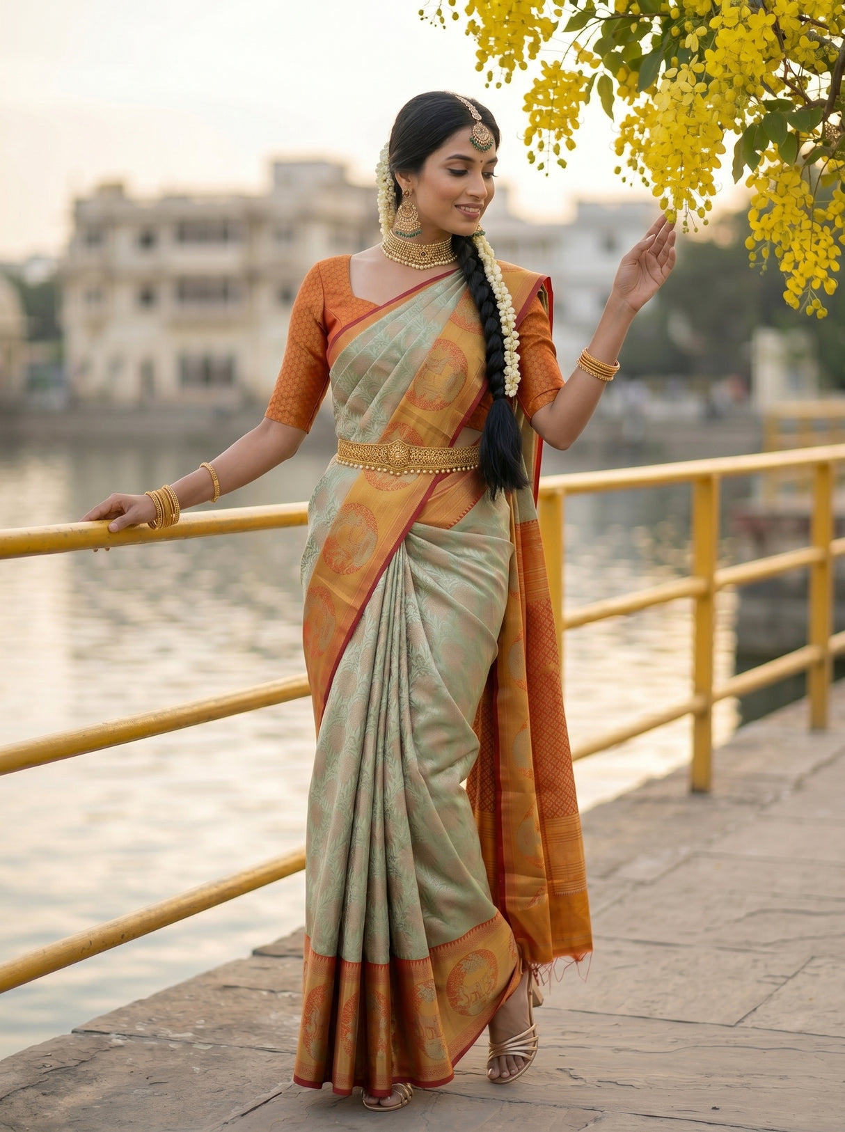 MIMOSA Pista Kanjivaram Art Silk Saree — close-up of model's hands and waist belt