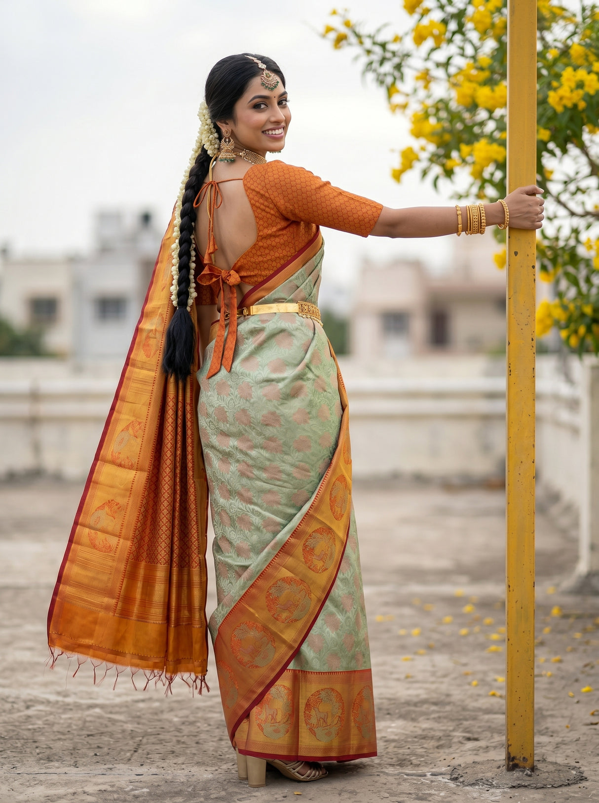 MIMOSA Pista Kanjivaram Art Silk Saree — close-up of saree drape