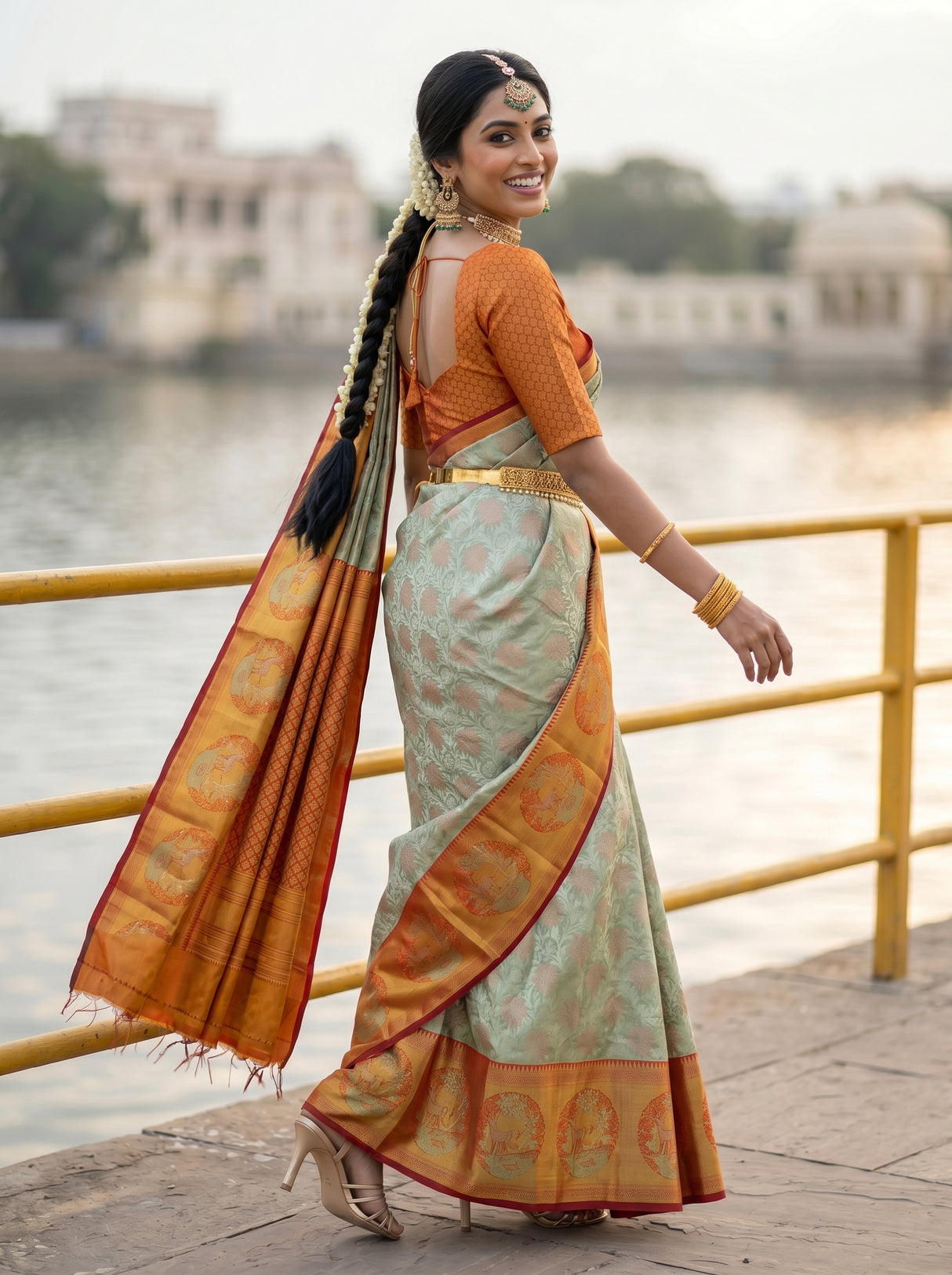 MIMOSA Pista Kanjivaram Art Silk Saree — close-up of saree border and railing