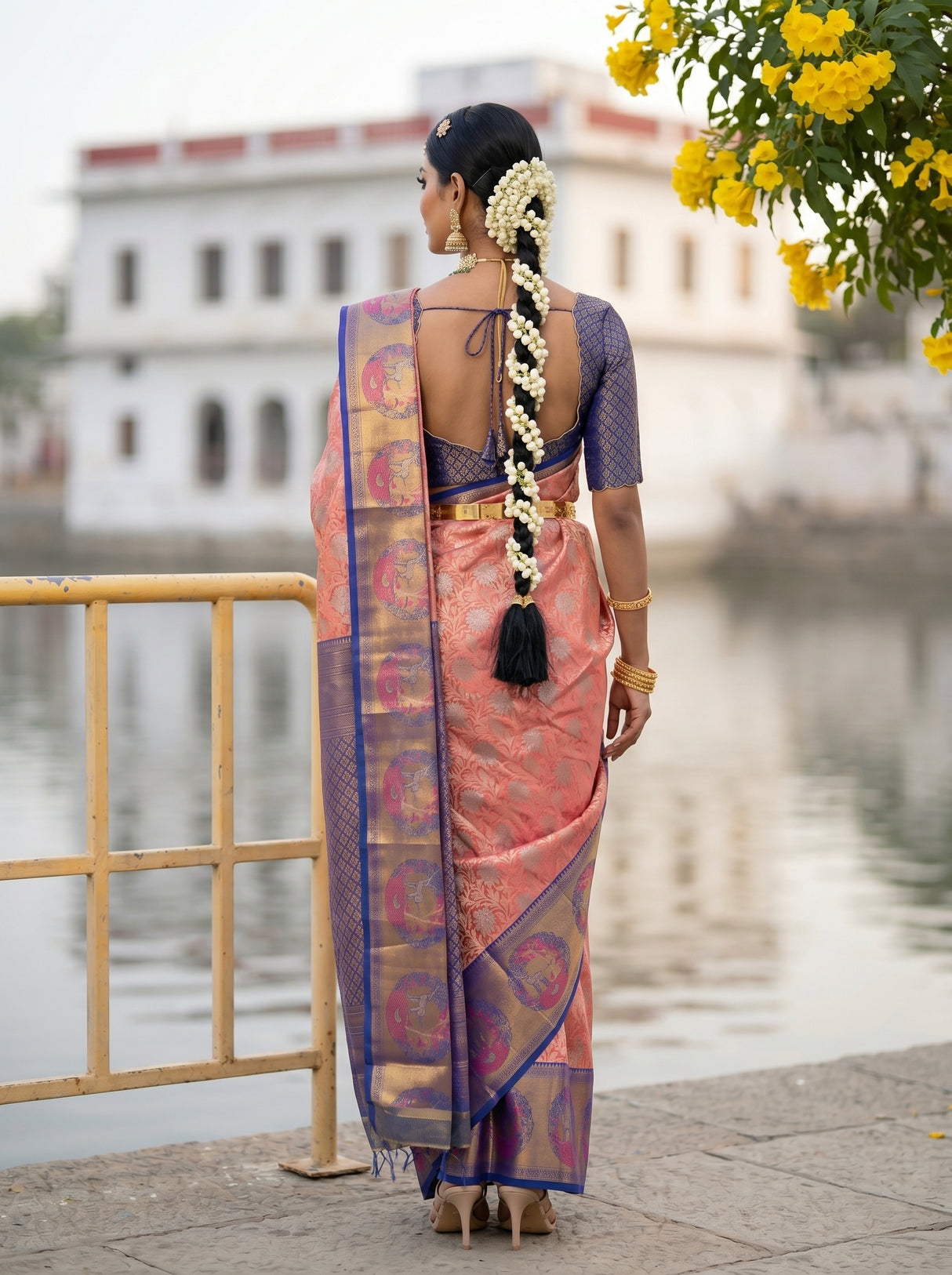 MIMOSA Rani Kanjivaram Art Silk Saree — close-up of model's face and jewelry