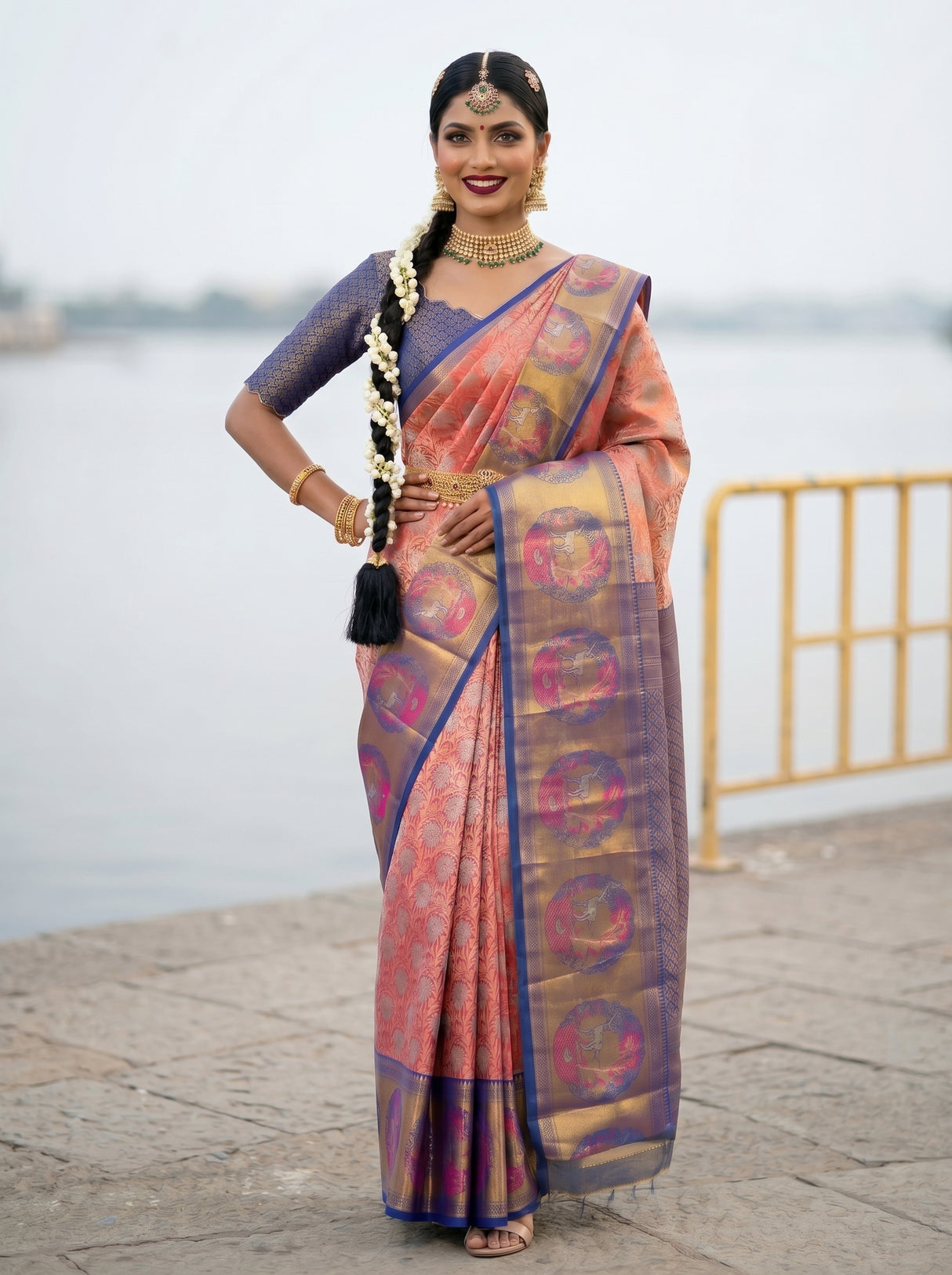 MIMOSA Rani Kanjivaram Art Silk Saree — close-up of model's midsection