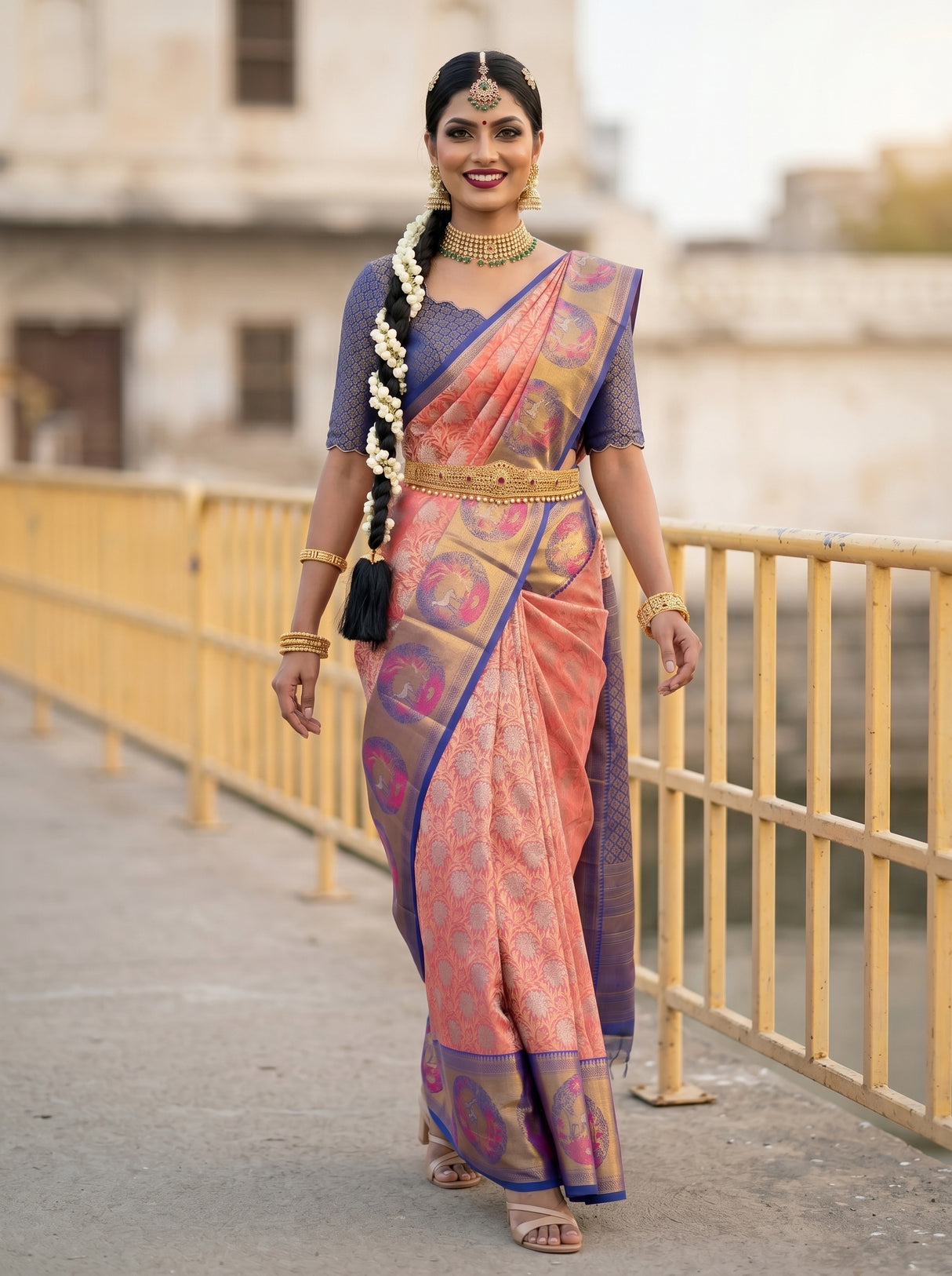 MIMOSA Rani Kanjivaram Art Silk Saree — close-up of model's hand on railing