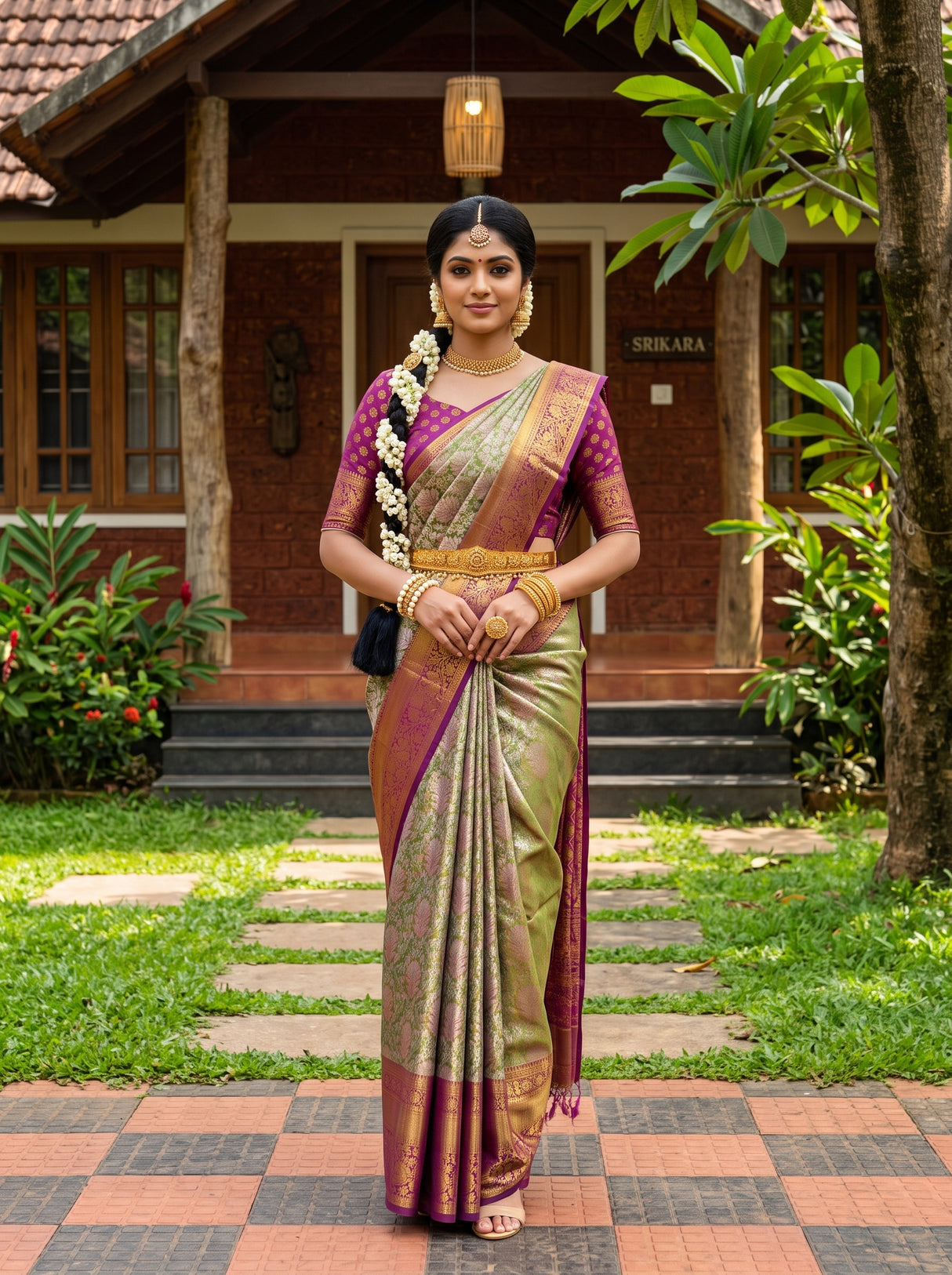 MIMOSA Green Kanjivaram Art Silk Saree — AI Model lifestyle pose