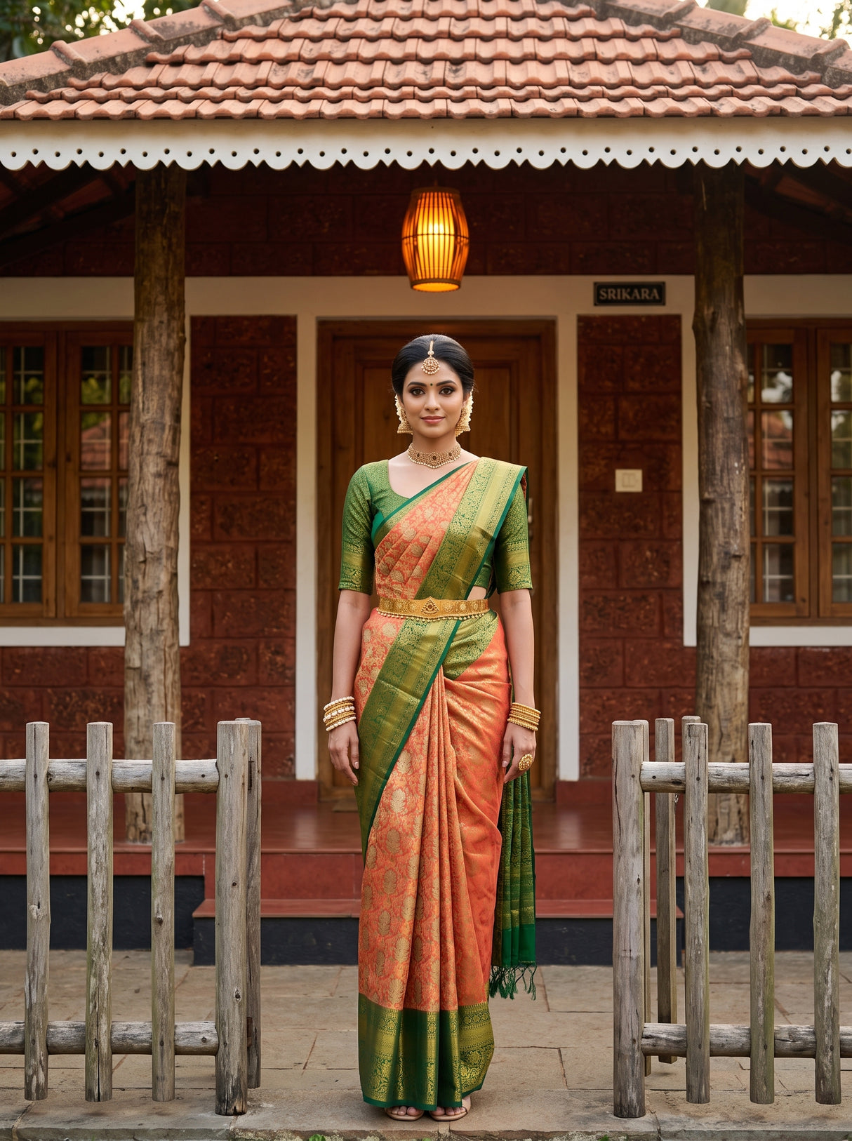 MIMOSA Orange Kanjivaram Art Silk Saree — AI Model lifestyle pose