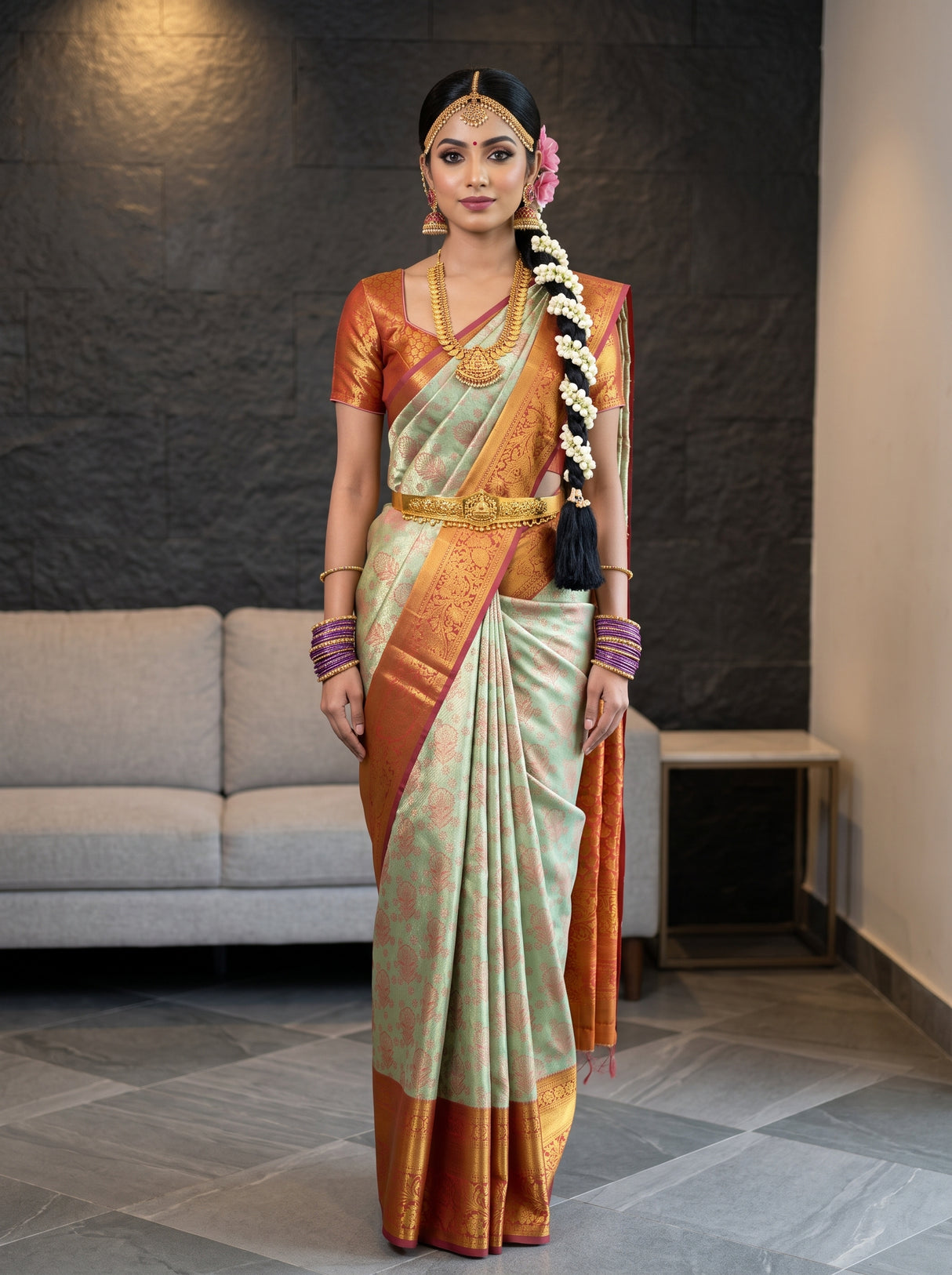 MIMOSA Pista Kanjivaram Art Silk Saree — AI Model lifestyle pose