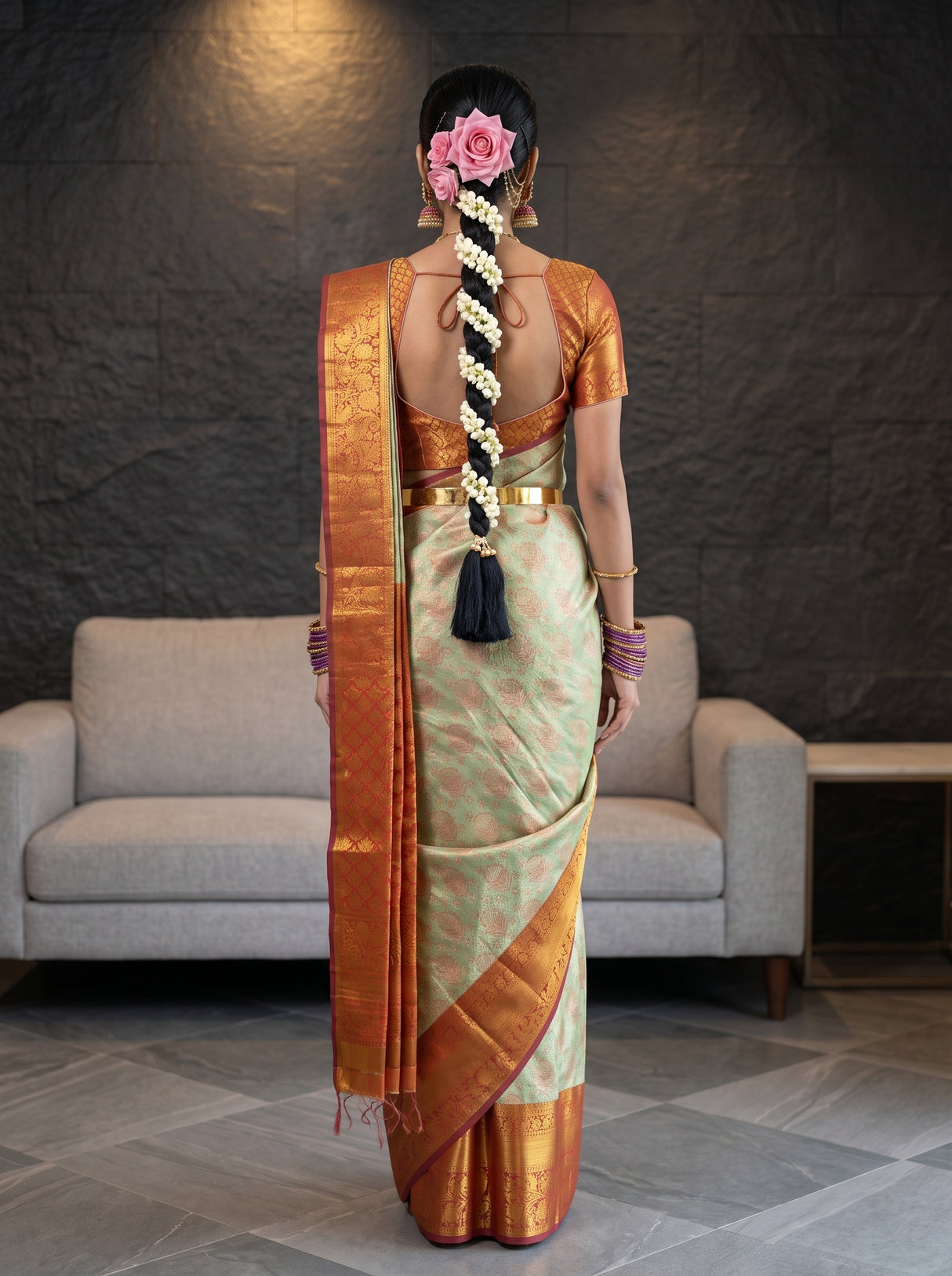 MIMOSA Pista Kanjivaram Art Silk Saree — Full saree body and pallu shot
