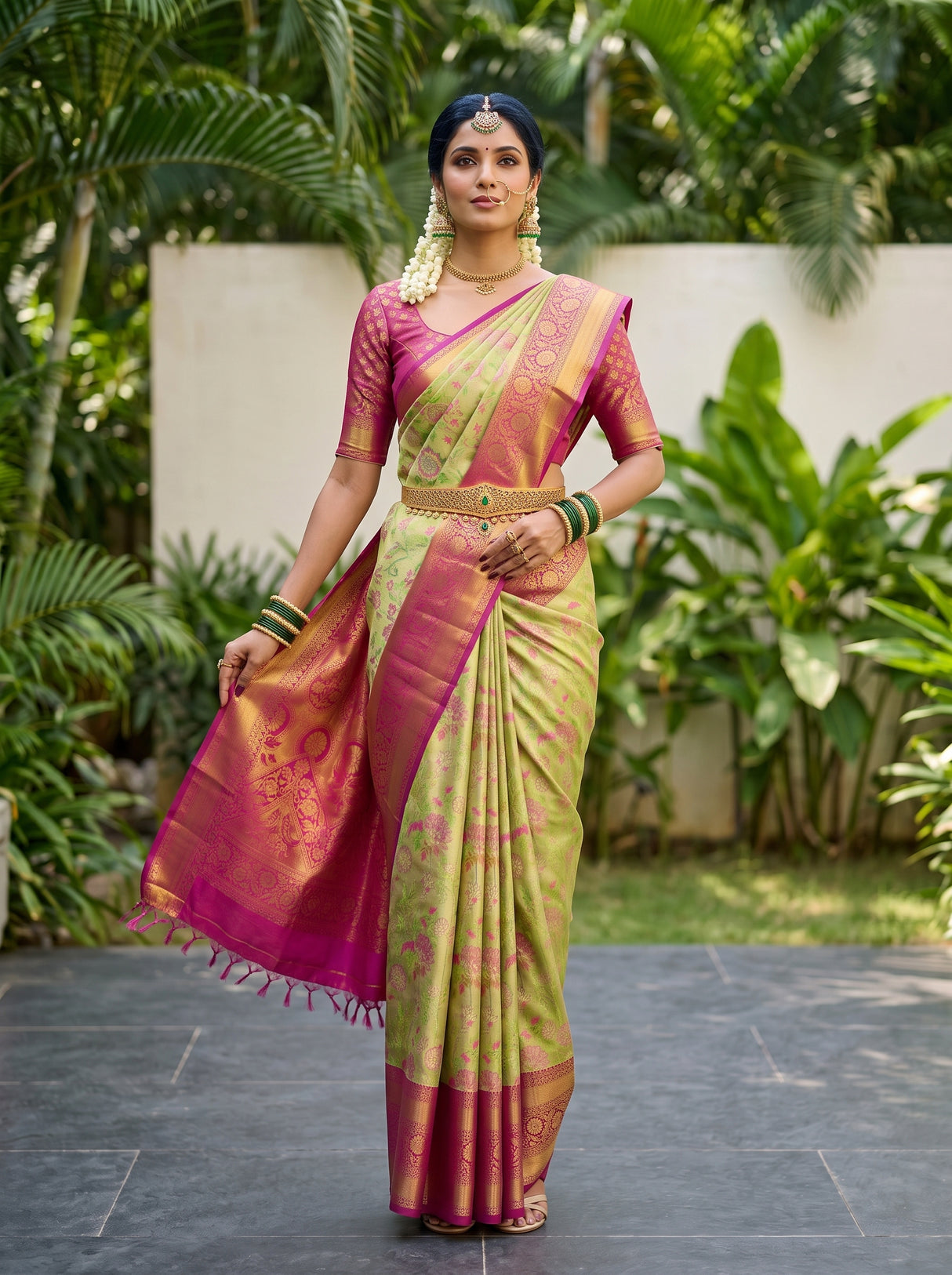 MIMOSA Parrot Green Saree Saree — pose 5 styling detail