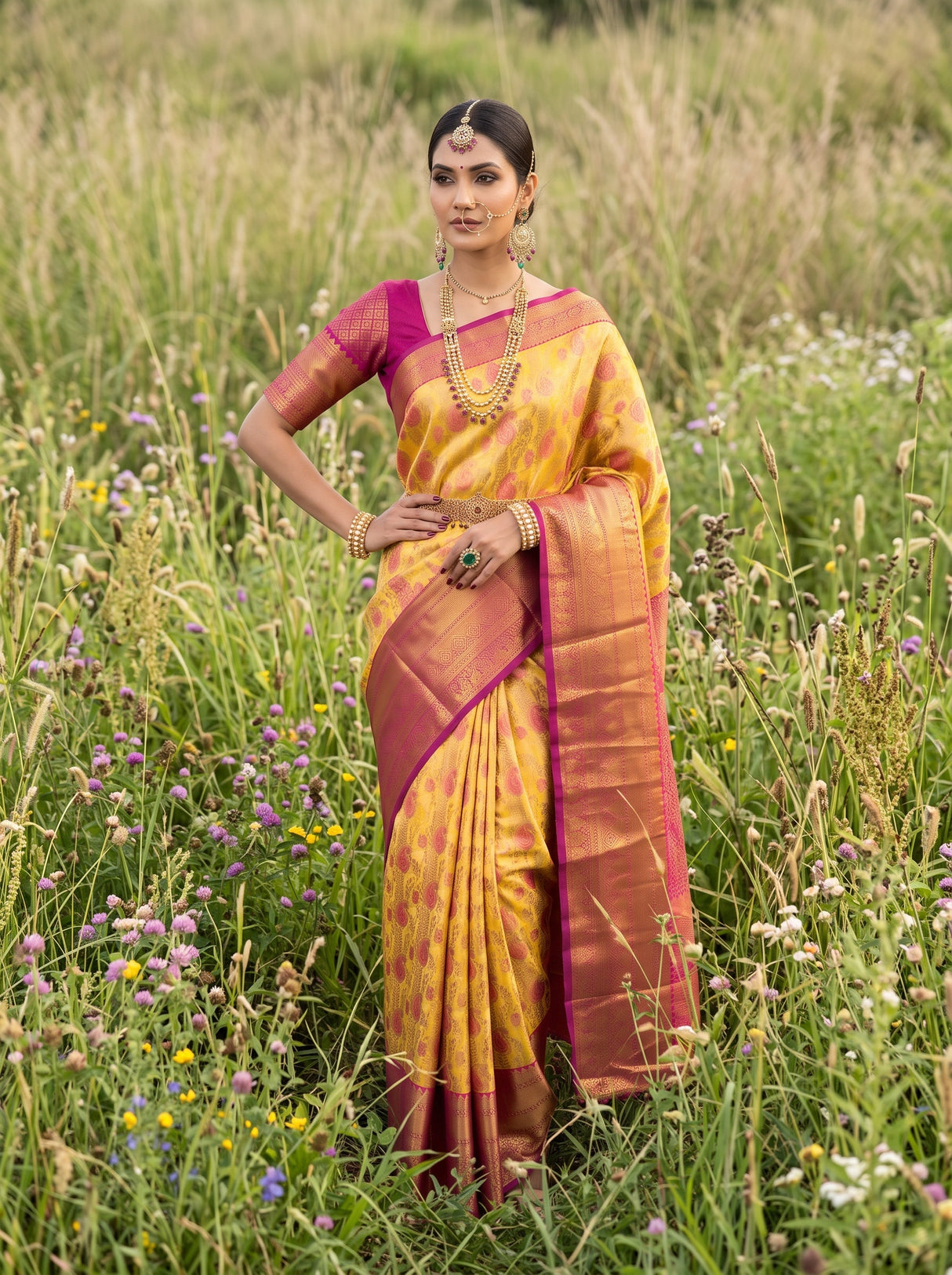 MIMOSA Gold Kanjivaram Art Silk Saree — pose 4 styling detail