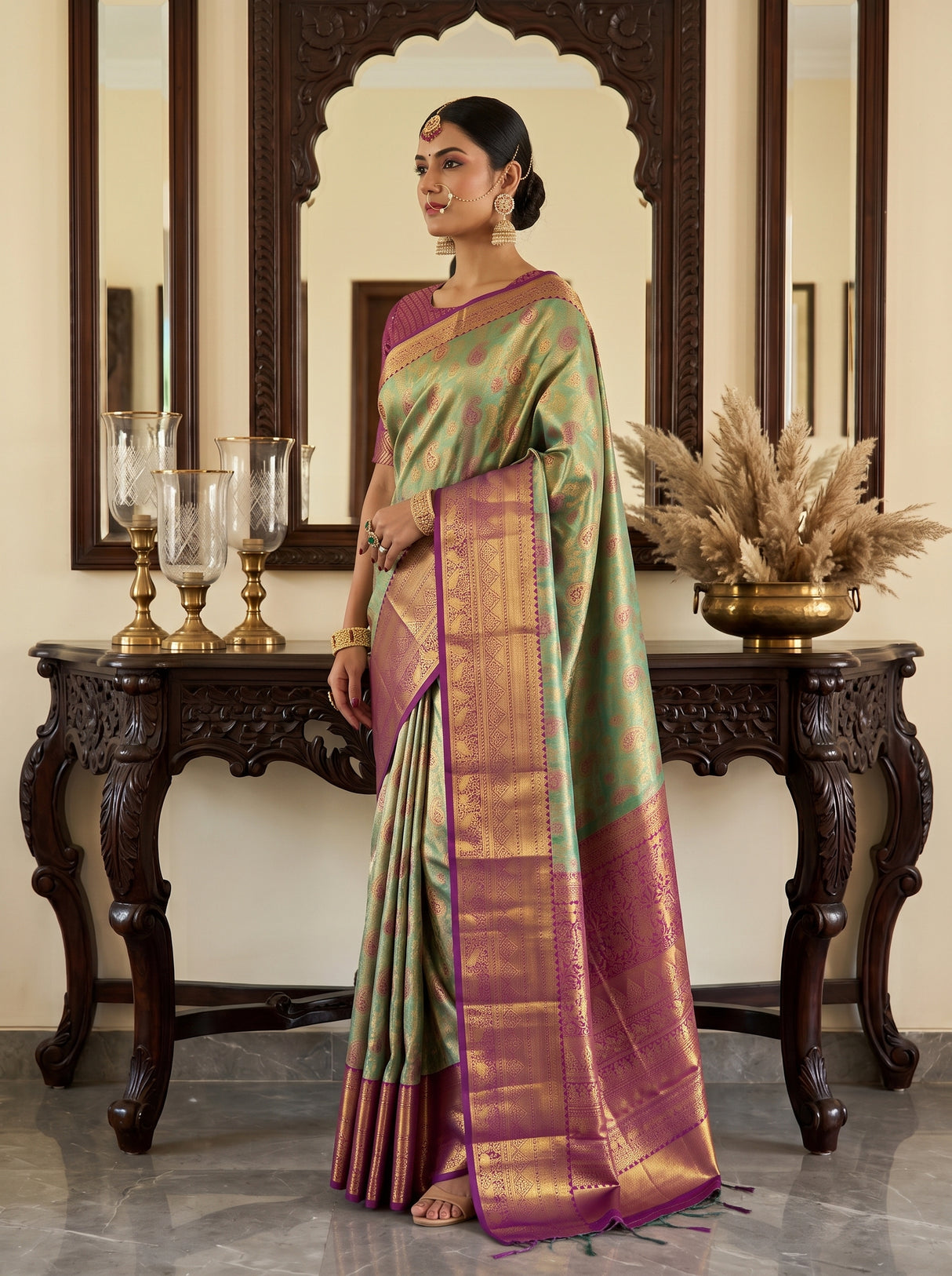 MIMOSA Green Kanjivaram Art Silk Saree — pose 3 styling detail