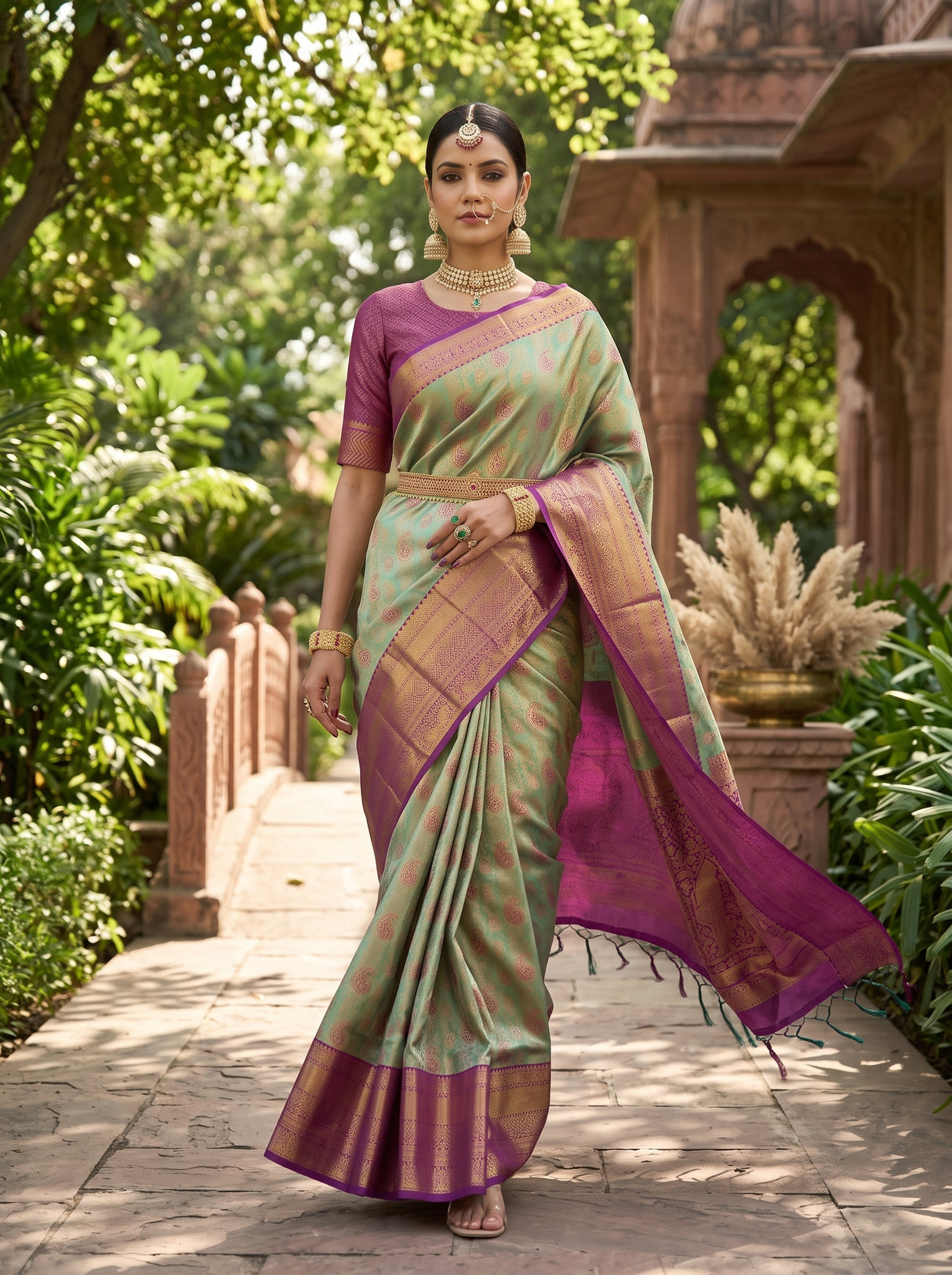 MIMOSA Green Kanjivaram Art Silk Saree — pose 6 styling detail