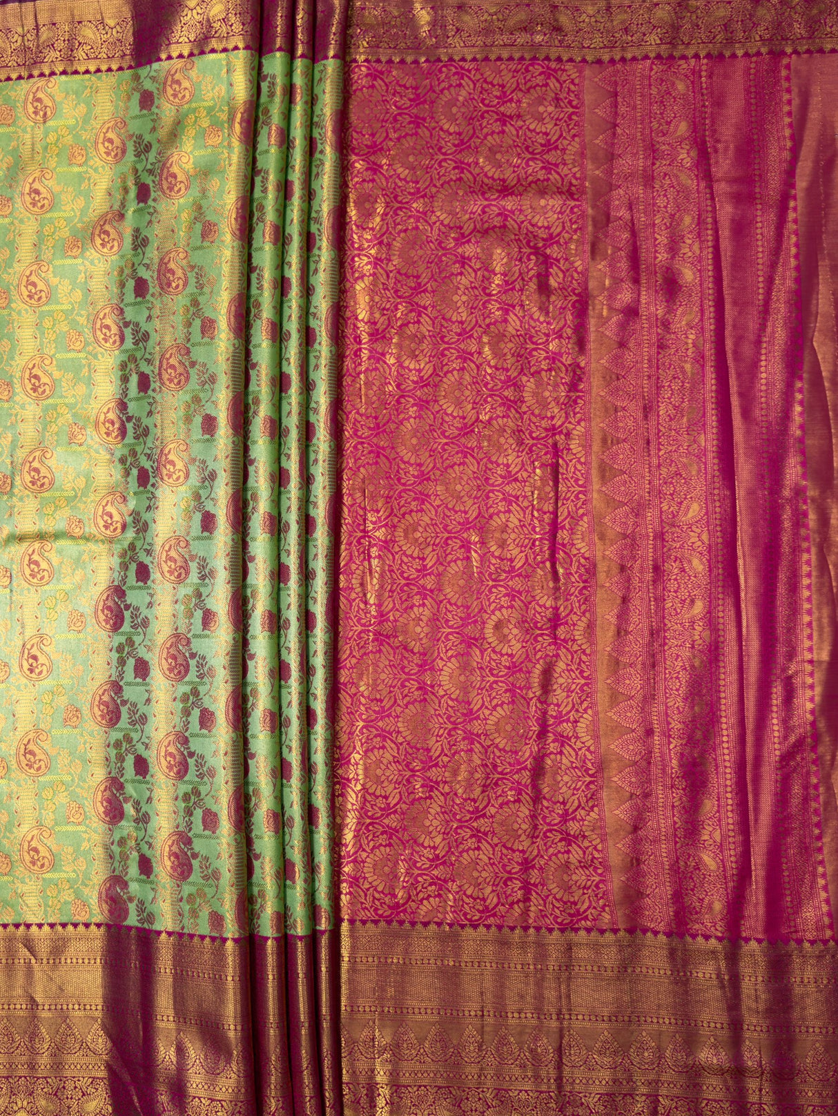 MIMOSA Parrot Green Kanjivaram Art Silk Saree — pallu and zari work detail