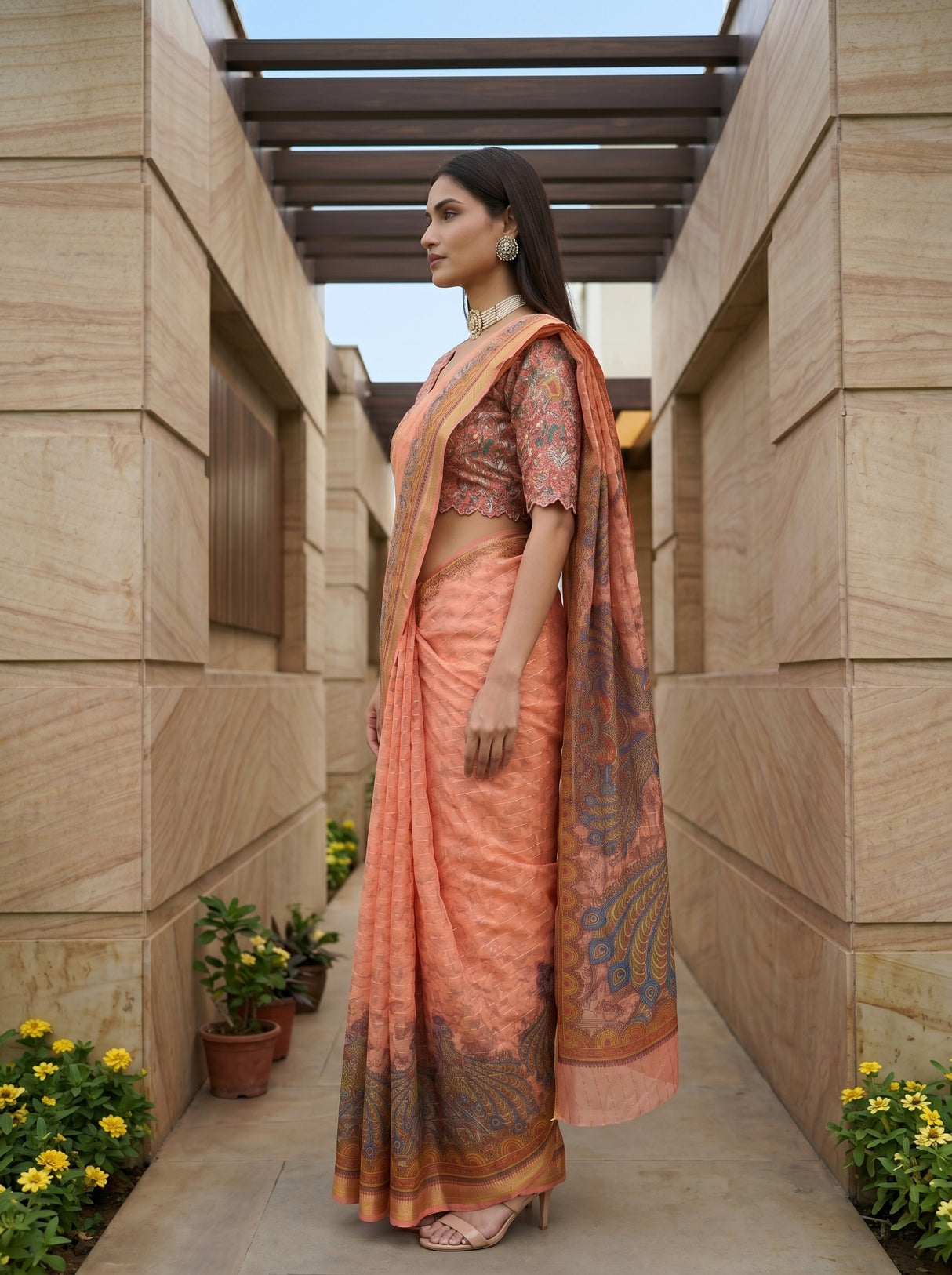 MIMOSA Peach Saree Saree — pose 3 styling detail
