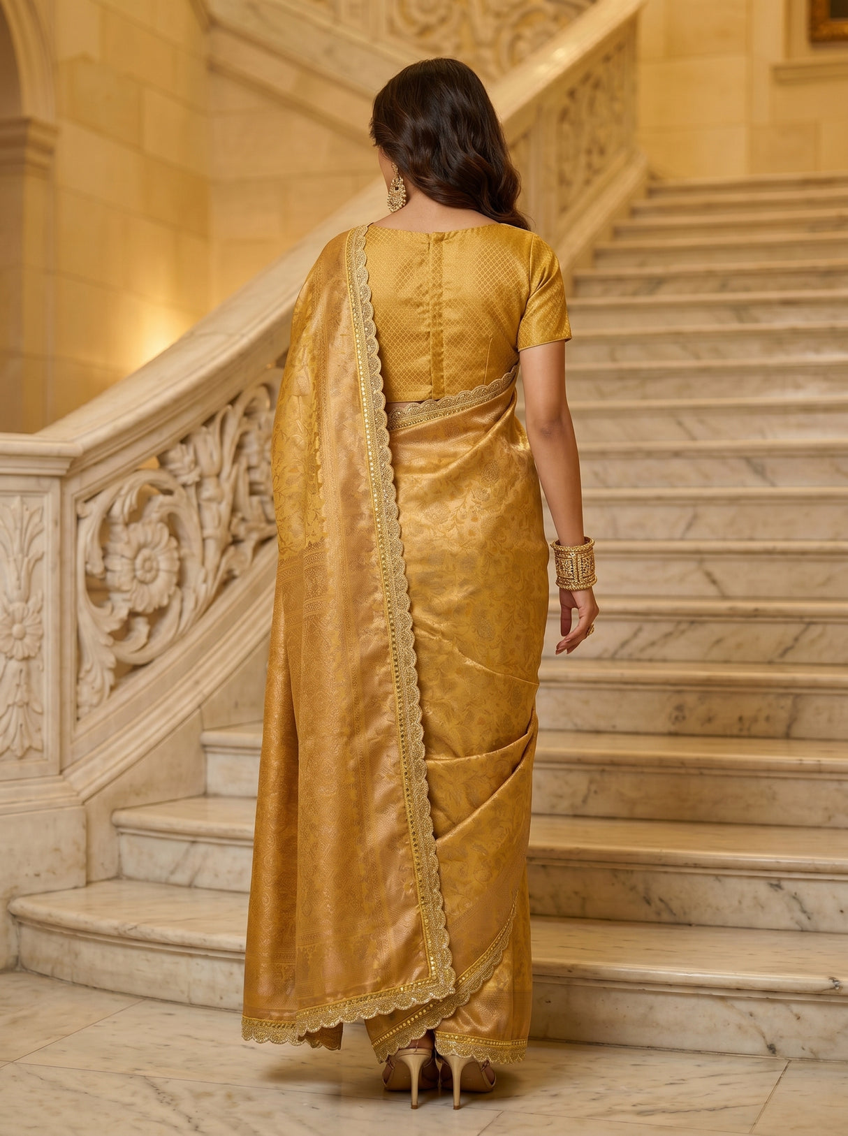 MIMOSA Mustard Kanjivaram Art Silk Saree — close-up of model's face and earrings