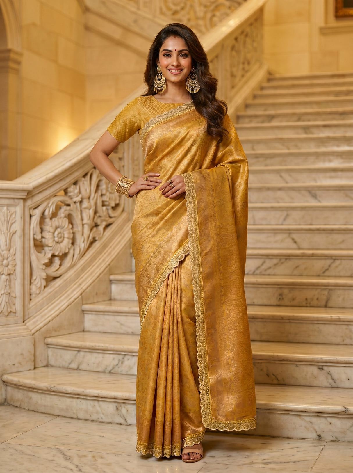MIMOSA Mustard Kanjivaram Art Silk Saree — close-up of model's arm and bangle