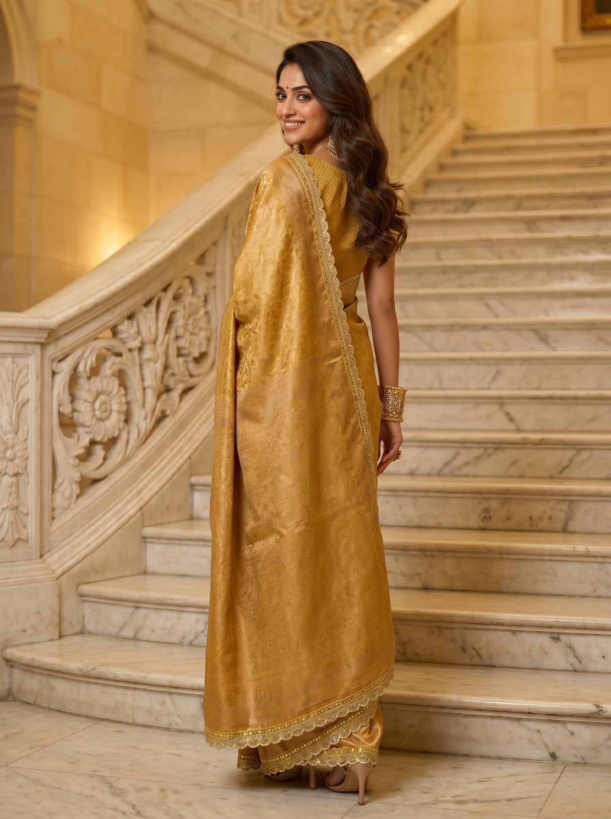 MIMOSA Mustard Kanjivaram Art Silk Saree — close-up of border and pleats