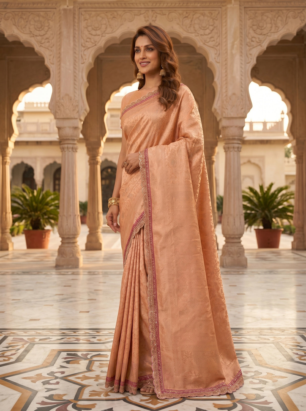 MIMOSA Peach Kanjivaram Art Silk Saree — side view on stairs