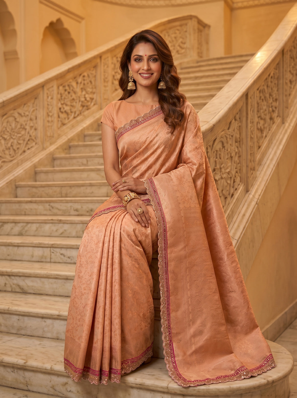 MIMOSA Peach Kanjivaram Art Silk Saree — close-up of border and pleats