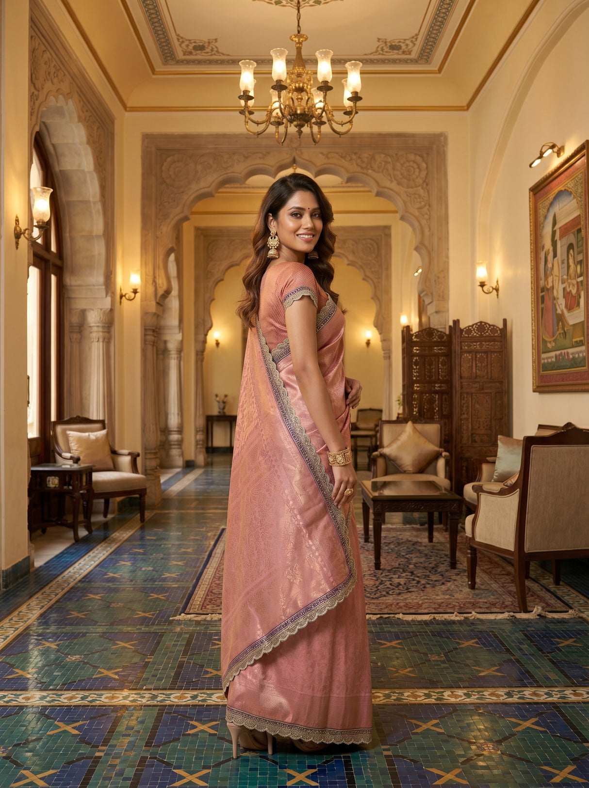 MIMOSA Pink Kanjivaram Art Silk Saree — close-up of model's arm and bangle