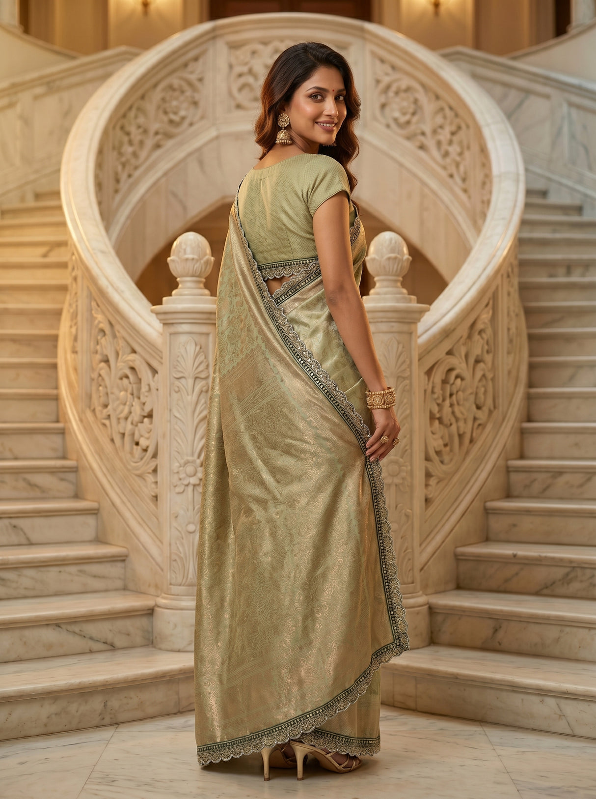 MIMOSA Pista Kanjivaram Art Silk Saree — close-up of border and pleats