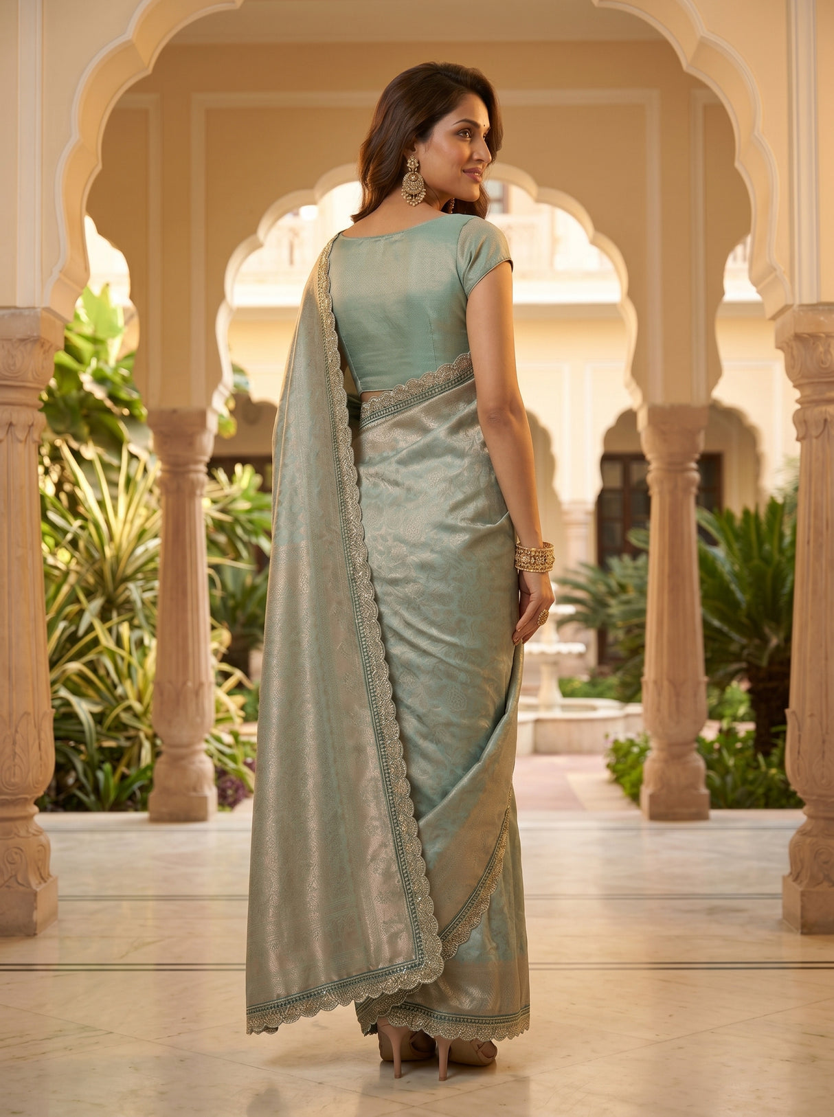 MIMOSA Sapphire Kanjivaram Art Silk Saree — close-up of model's face and earrings
