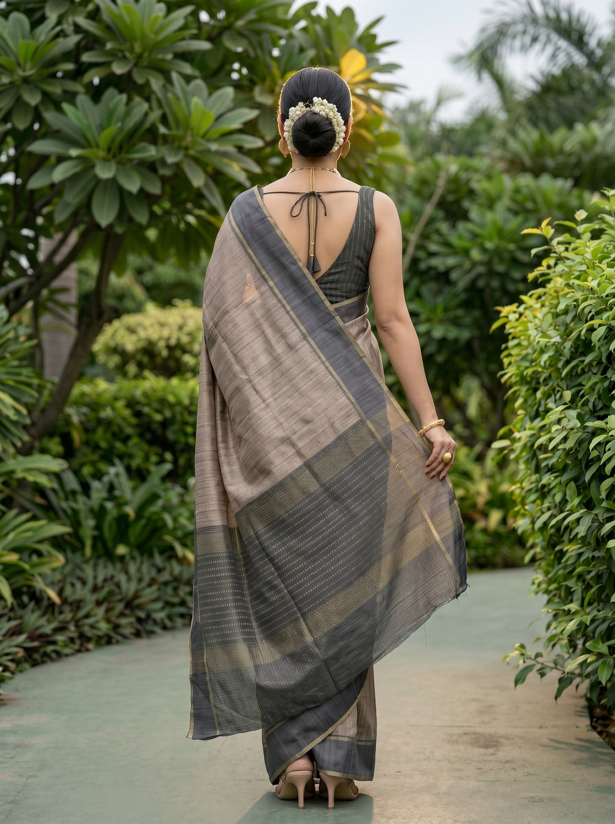 MIMOSA Chiku Banarasi Art Silk Saree — Model close-up with jewelry