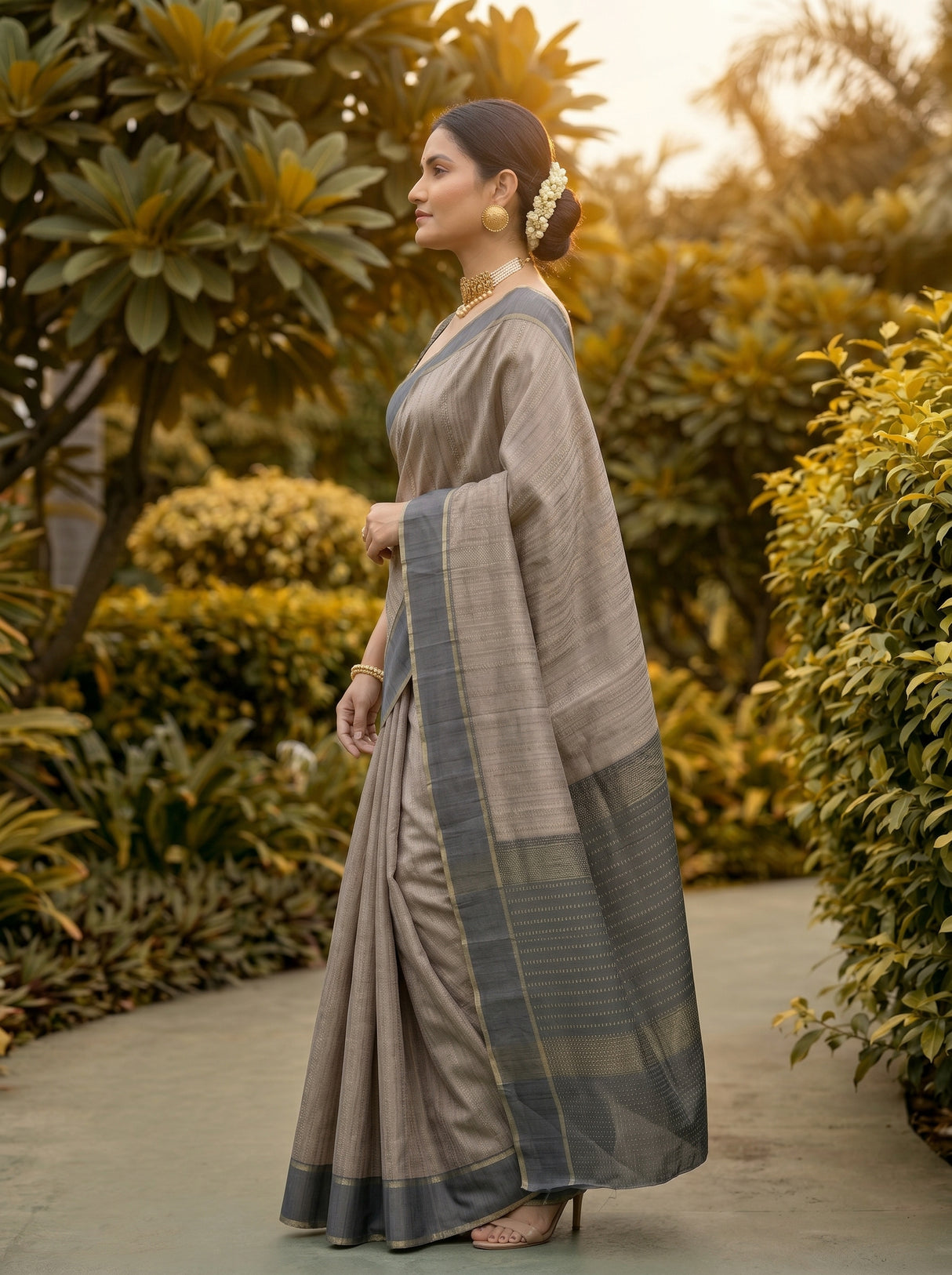 MIMOSA Chiku Banarasi Art Silk Saree — Saree pallu and body detail