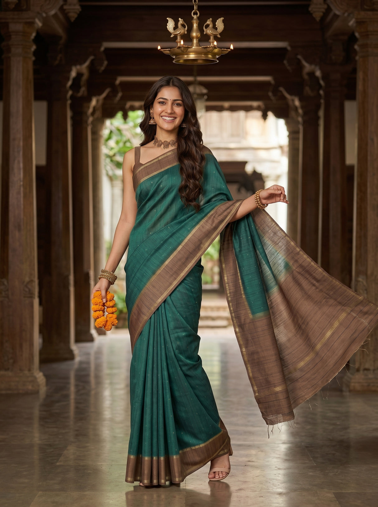 MIMOSA Bottle Green Saree Saree — pose 5 styling detail