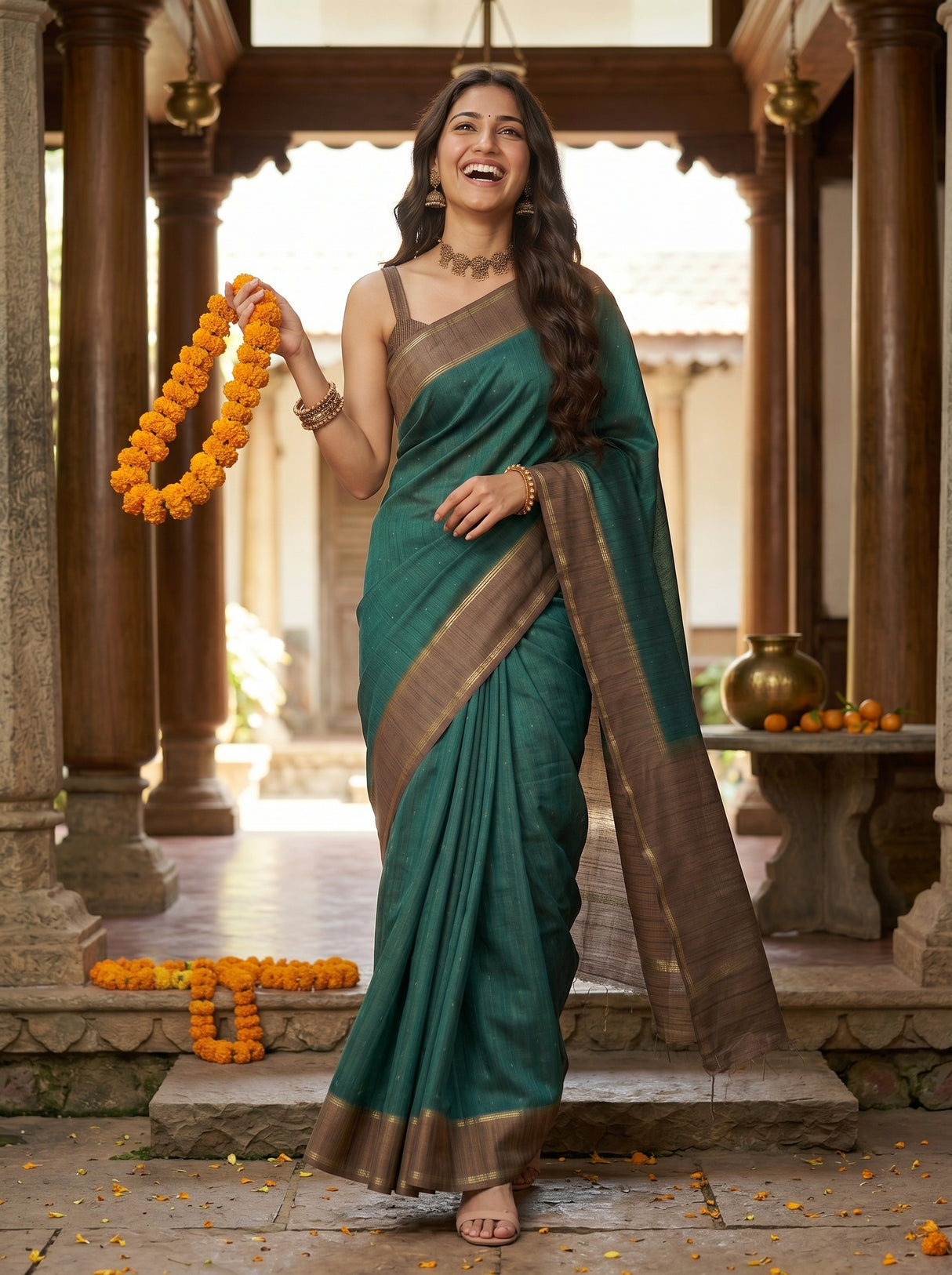 MIMOSA Bottle Green Saree Saree — pose 6 styling detail