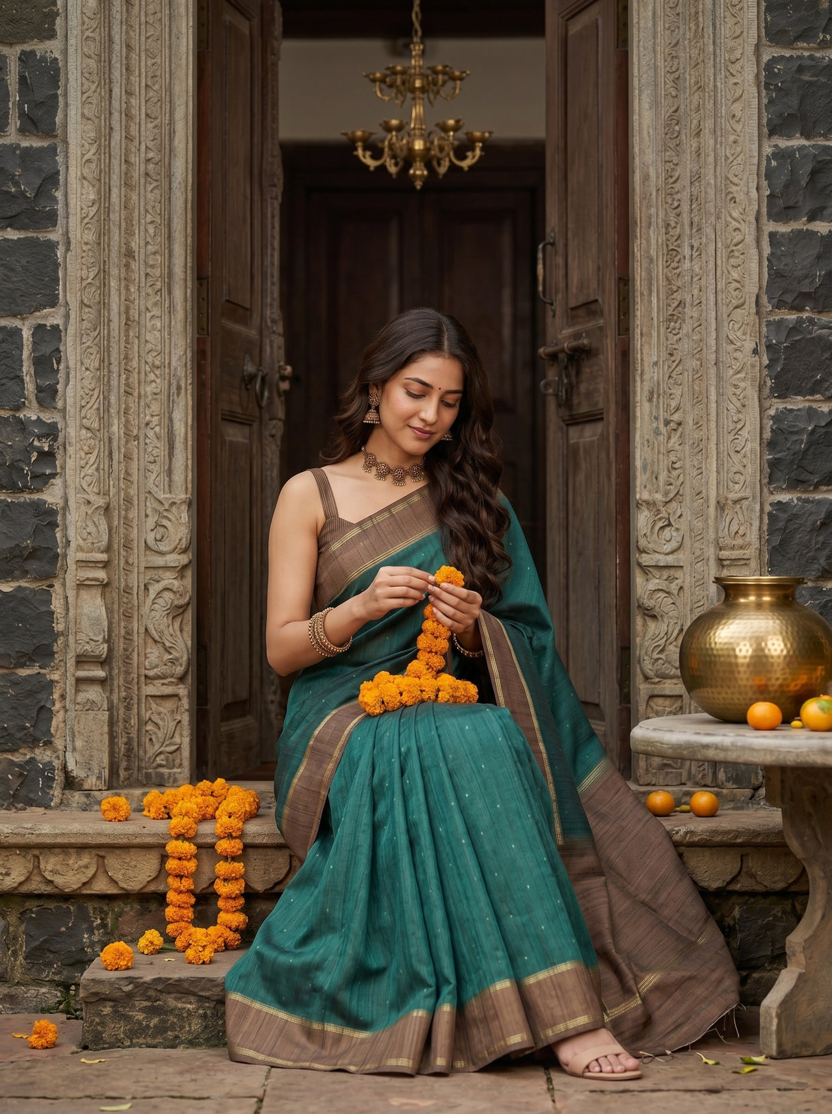 MIMOSA Bottle Green Saree Saree — pose 8 styling detail