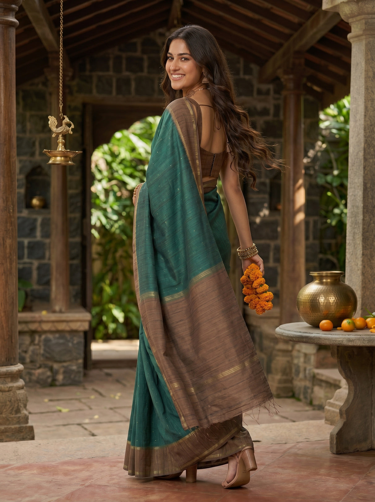 MIMOSA Bottle Green Saree Saree — pose 9 styling detail