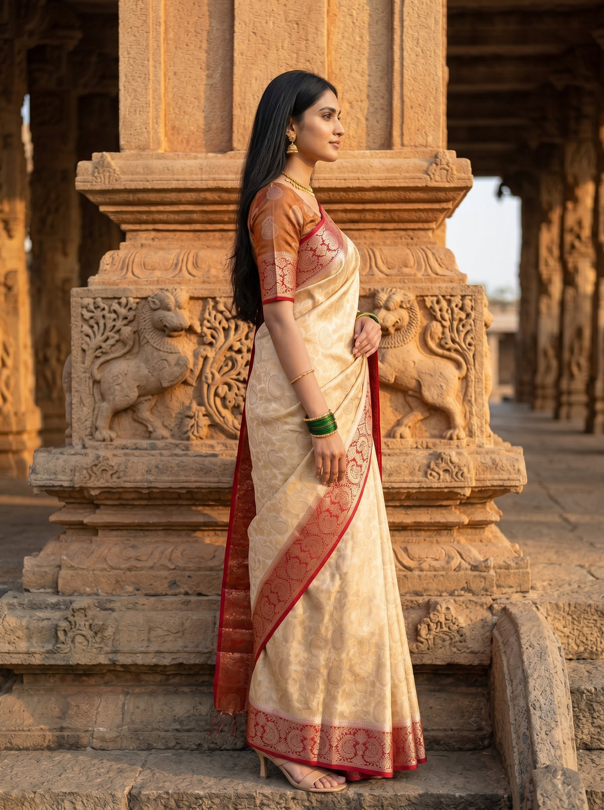 MIMOSA White Kanjivaram Art Silk Saree — Model close-up mid-section with bangles